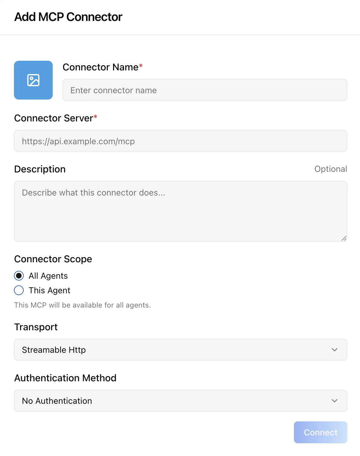 Add MCP Connector dialog with fields for connector name, server URL, scope, transport, and authentication method