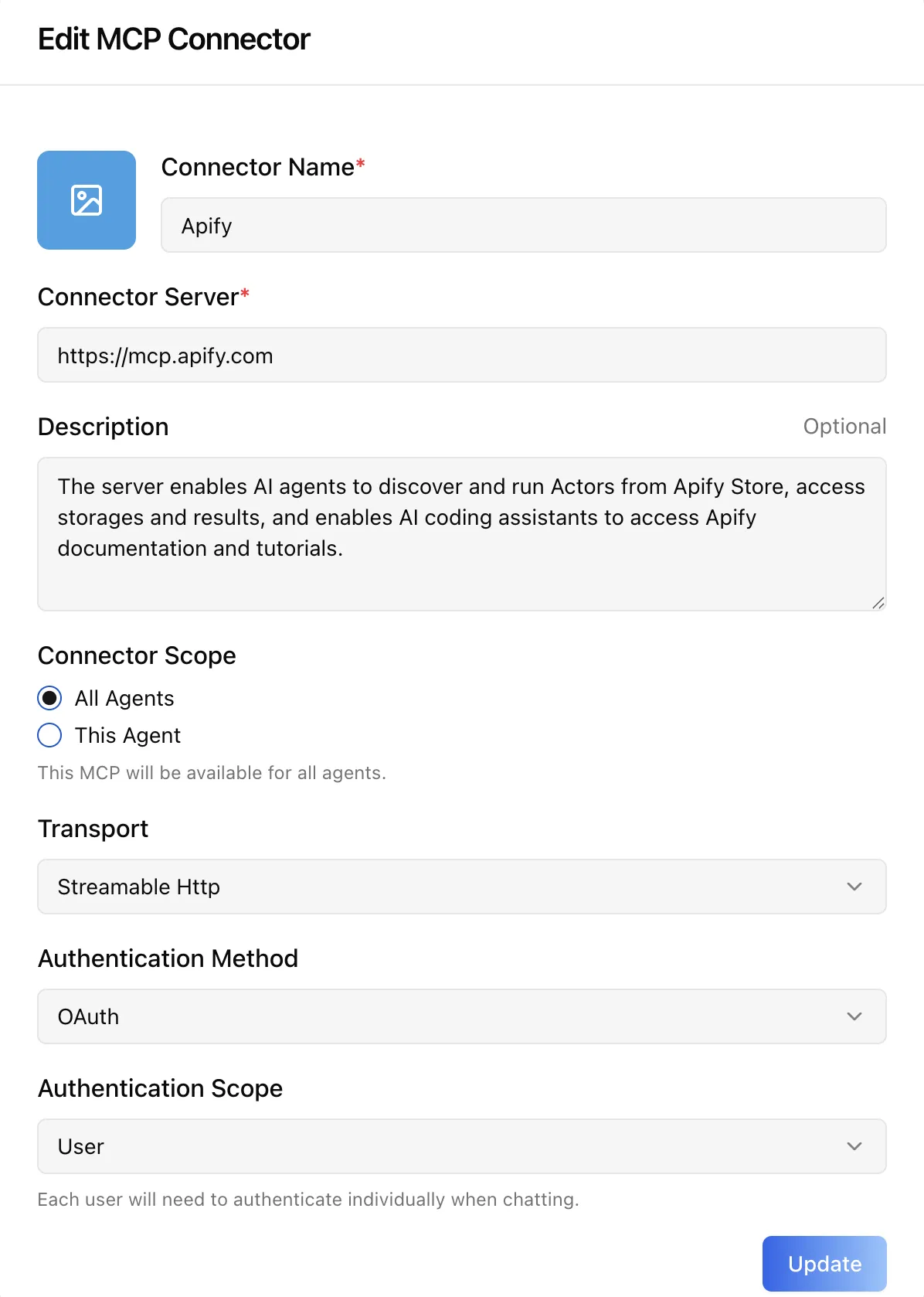Edit connector dialog with the existing connector details pre-filled and the token field left blank