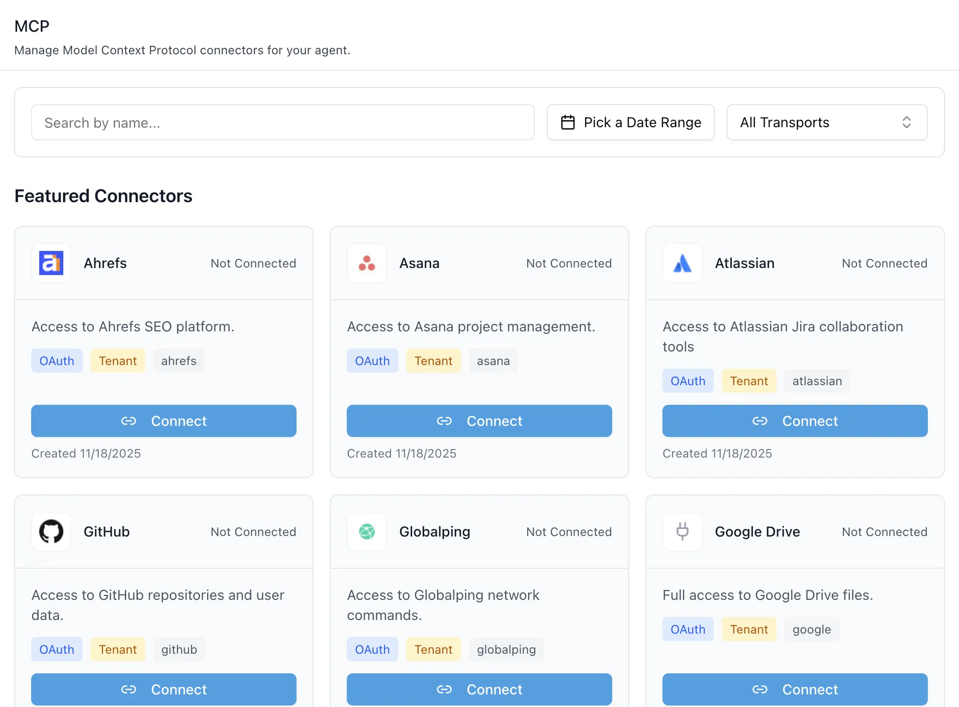 Featured Connectors grid showing pre-configured connector cards with service logos, connection status, description, OAuth and scope badges, and a Connect button