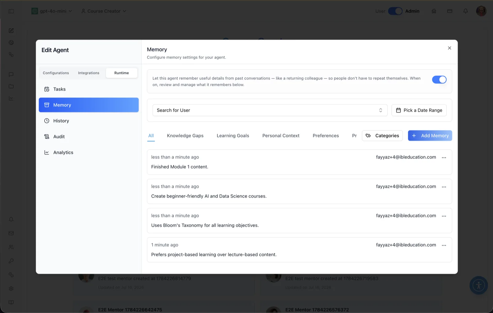 Memory panel with an enable toggle, user and date filters, category tabs such as Knowledge Gaps and Preferences, an Add Memory button, and saved memory cards with timestamps and user emails