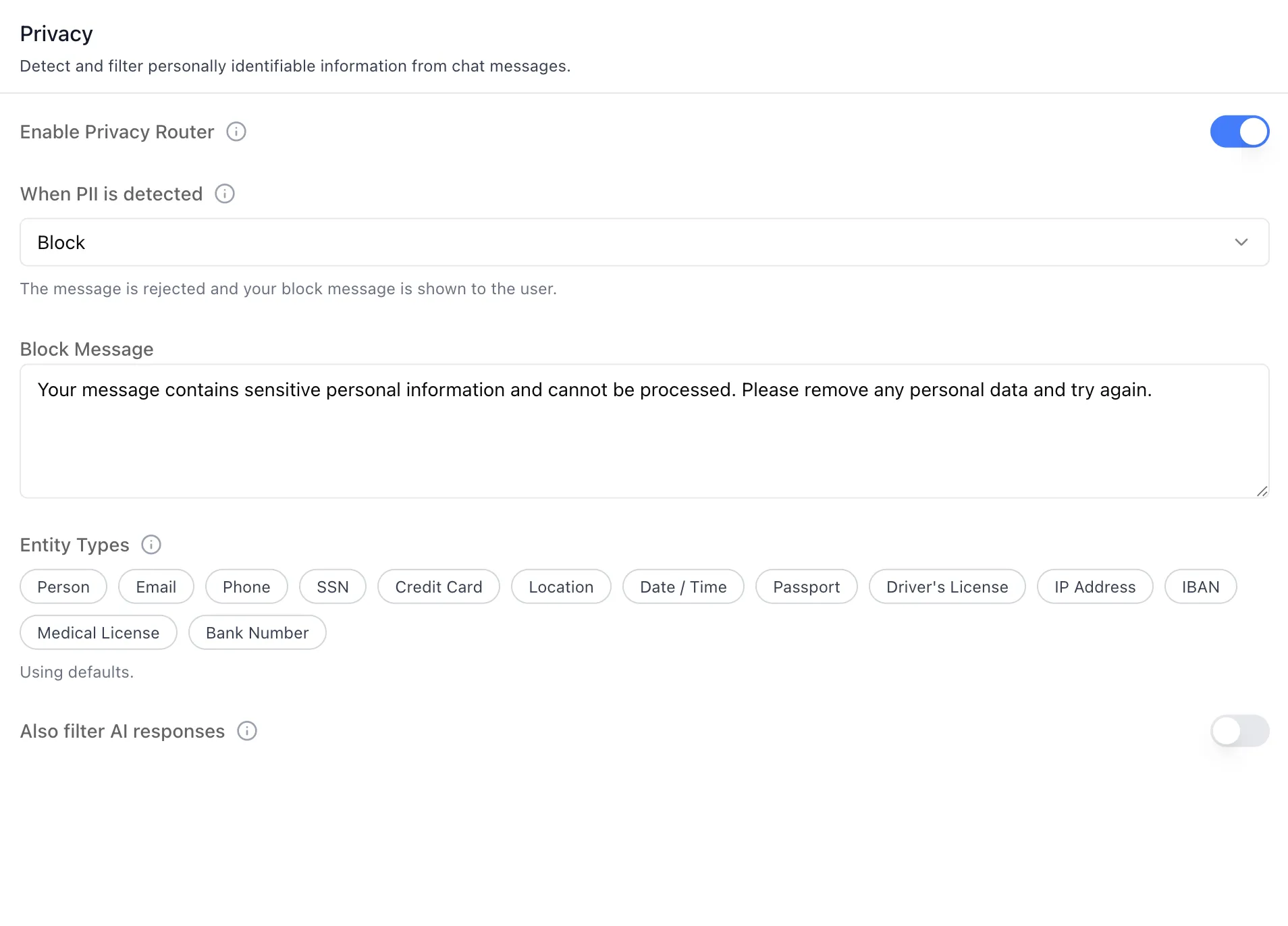 Privacy panel with the Block action selected, revealing the Block Message field