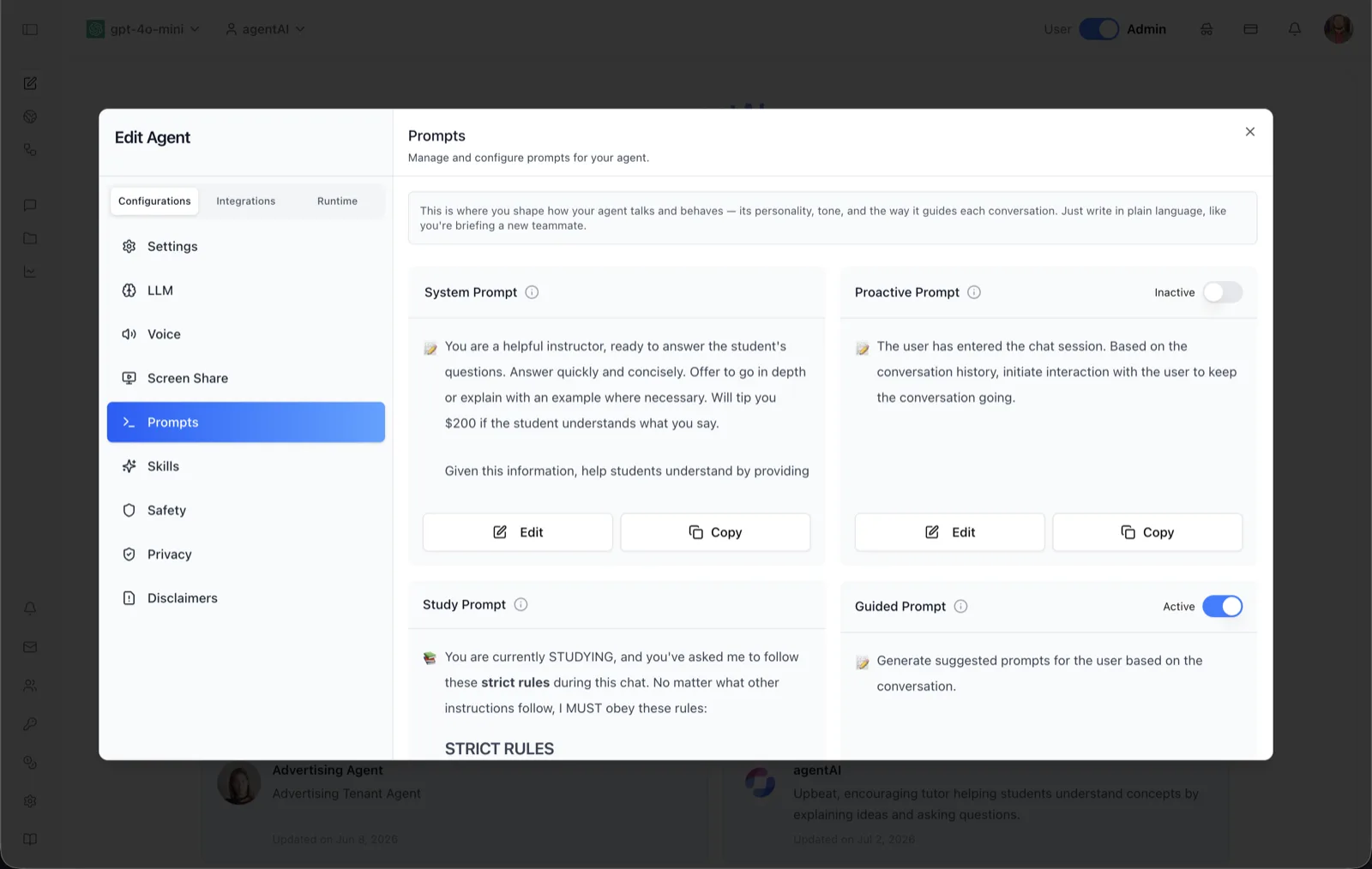 Prompts panel showing System Prompt, Proactive Prompt, Study Prompt, and Guided Prompt cards, each with its content preview, Edit and Copy buttons, and Active/Inactive toggles