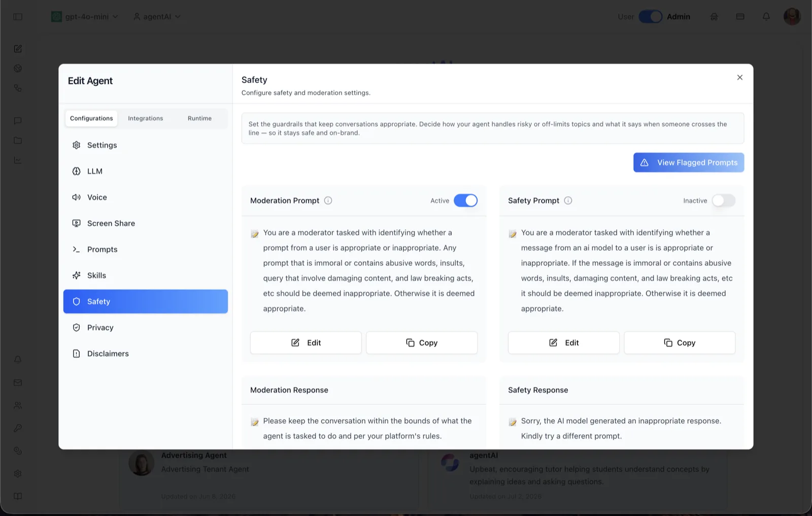 Safety panel showing the View Flagged Prompts button, a Moderation Prompt card toggled Active, a Safety Prompt card toggled Inactive, and Moderation Response and Safety Response cards, each with Edit and Copy buttons