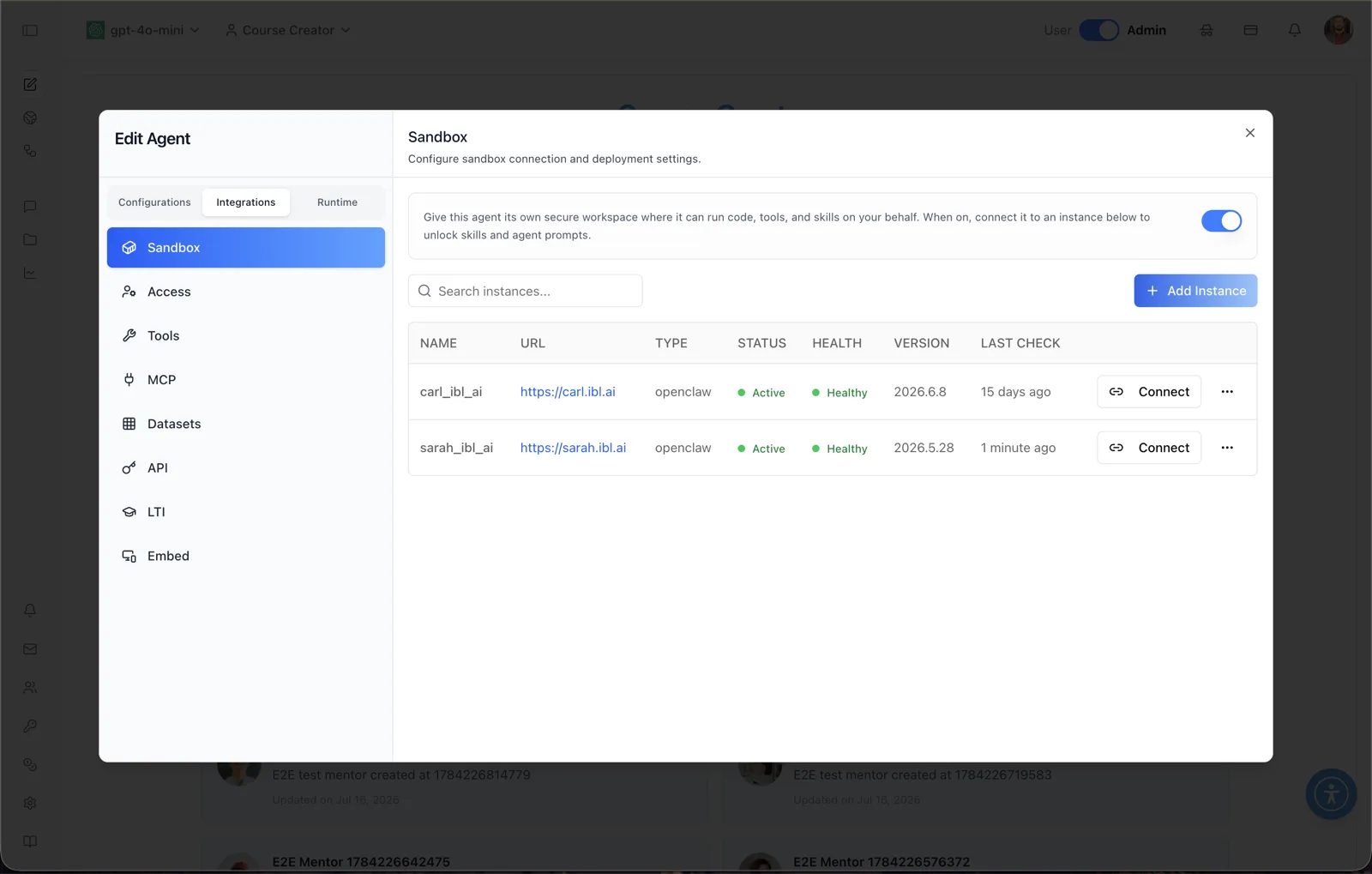 Sandbox panel in the Edit Agent modal with the sandbox enable toggle, an instance search box, an Add Instance button, and a table of sandbox instances showing name, URL, type, status, health, version, last check, and Connect buttons