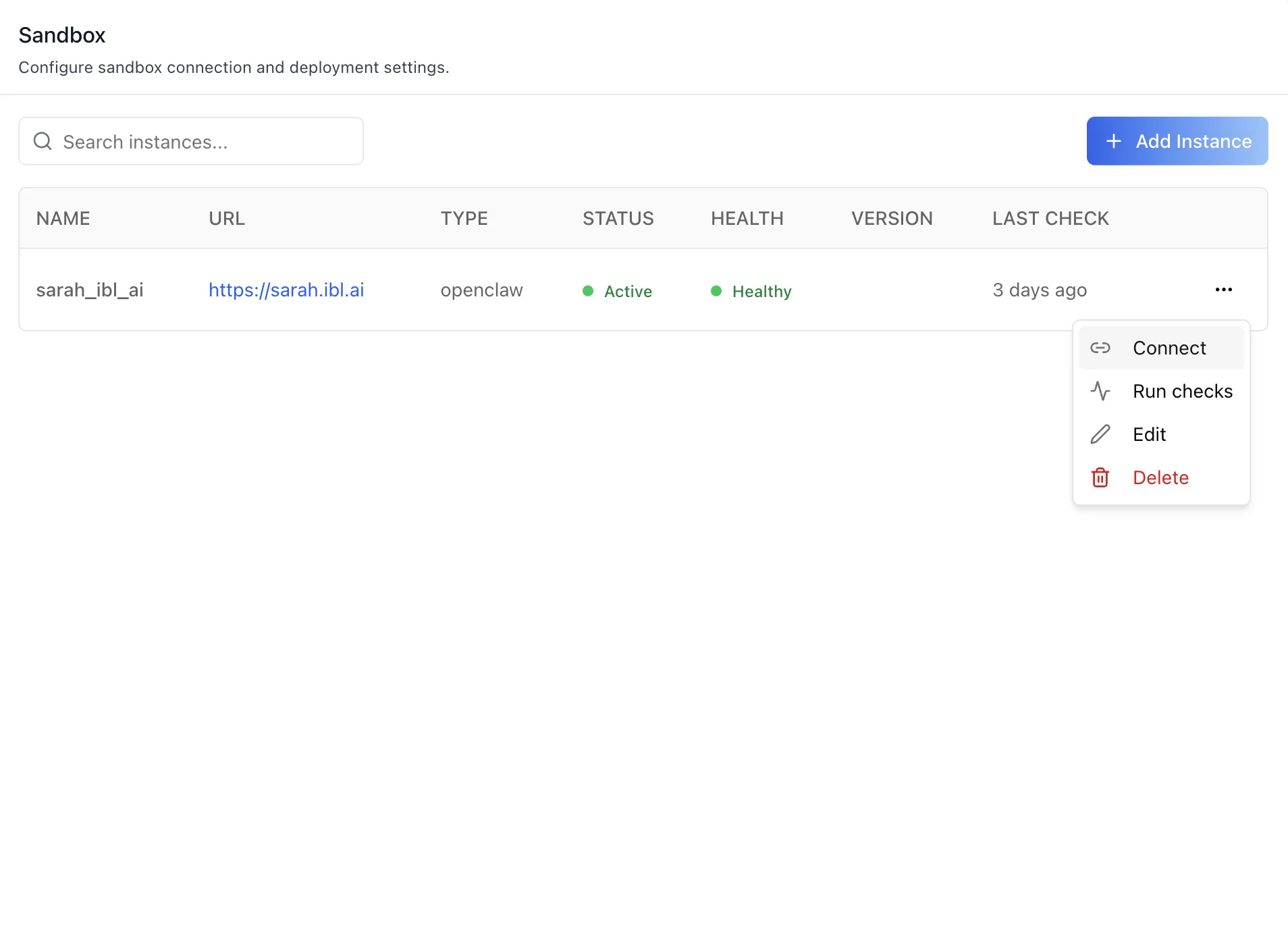 Per-instance actions menu offering Connect, Run checks, Edit, and Delete