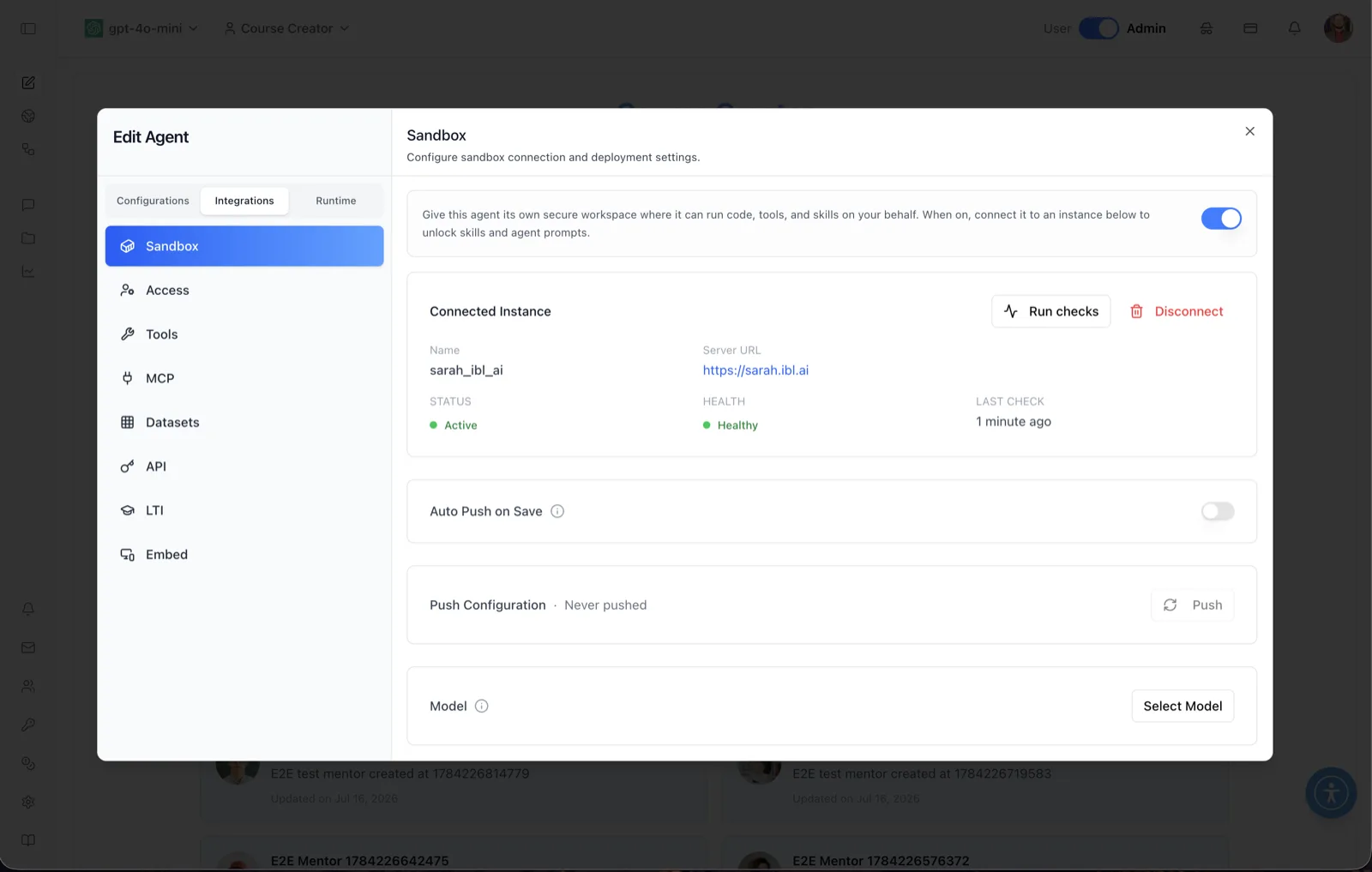 Sandbox panel after connecting, showing the Connected Instance card with name, server URL, status, health and last check, Run checks and Disconnect actions, an Auto Push on Save toggle, a Push Configuration row, and a Model row with Select Model