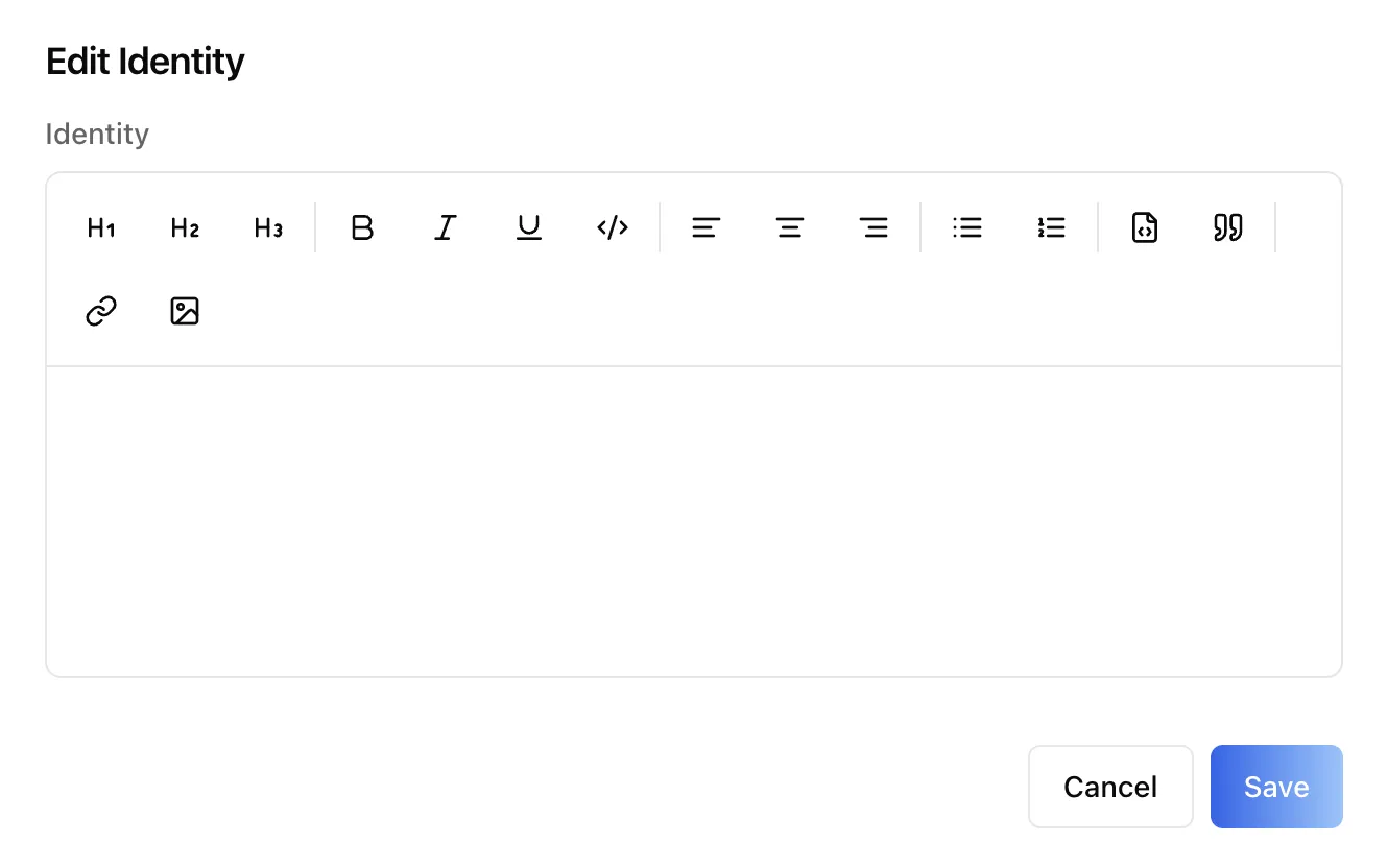 Edit prompt dialog with a rich-text editor for one workspace file