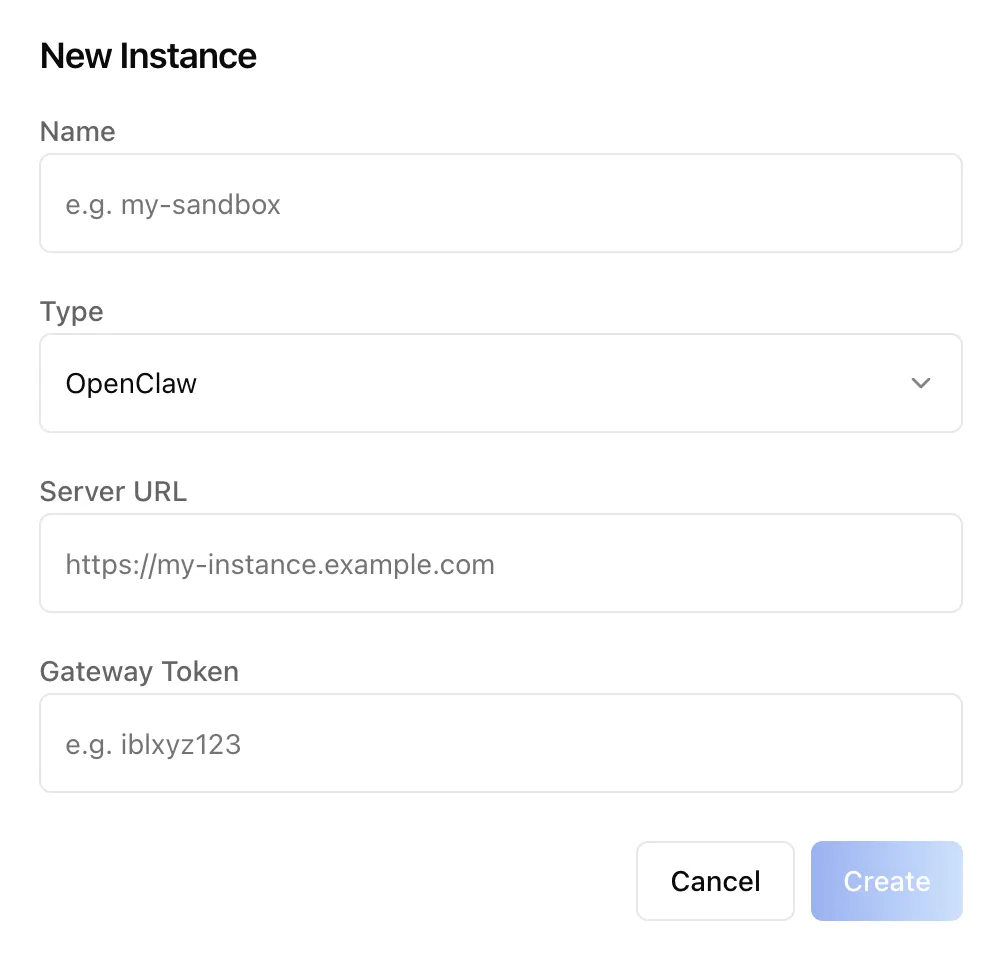 New Instance dialog with fields for name, type, server URL, and gateway token
