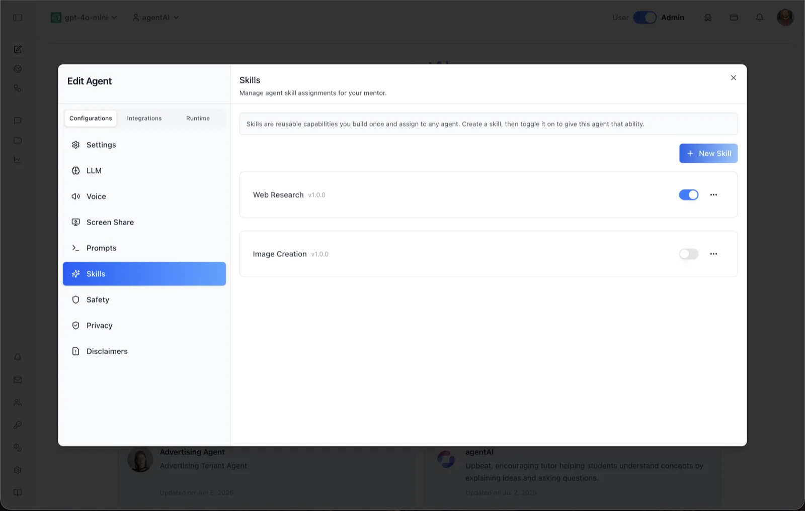 Skills panel with a New Skill button and two skill cards, Web Research v1.0.0 toggled on and Image Creation v1.0.0 toggled off, each with an overflow actions menu