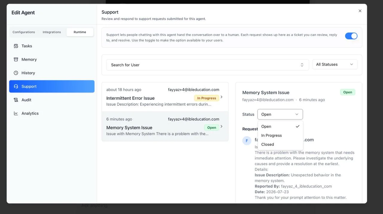 Support panel in the Edit Agent modal showing the enable toggle, a user search and status filter, a list of support tickets with status badges, and a detail pane with the ticket subject, status selector, and requester message
