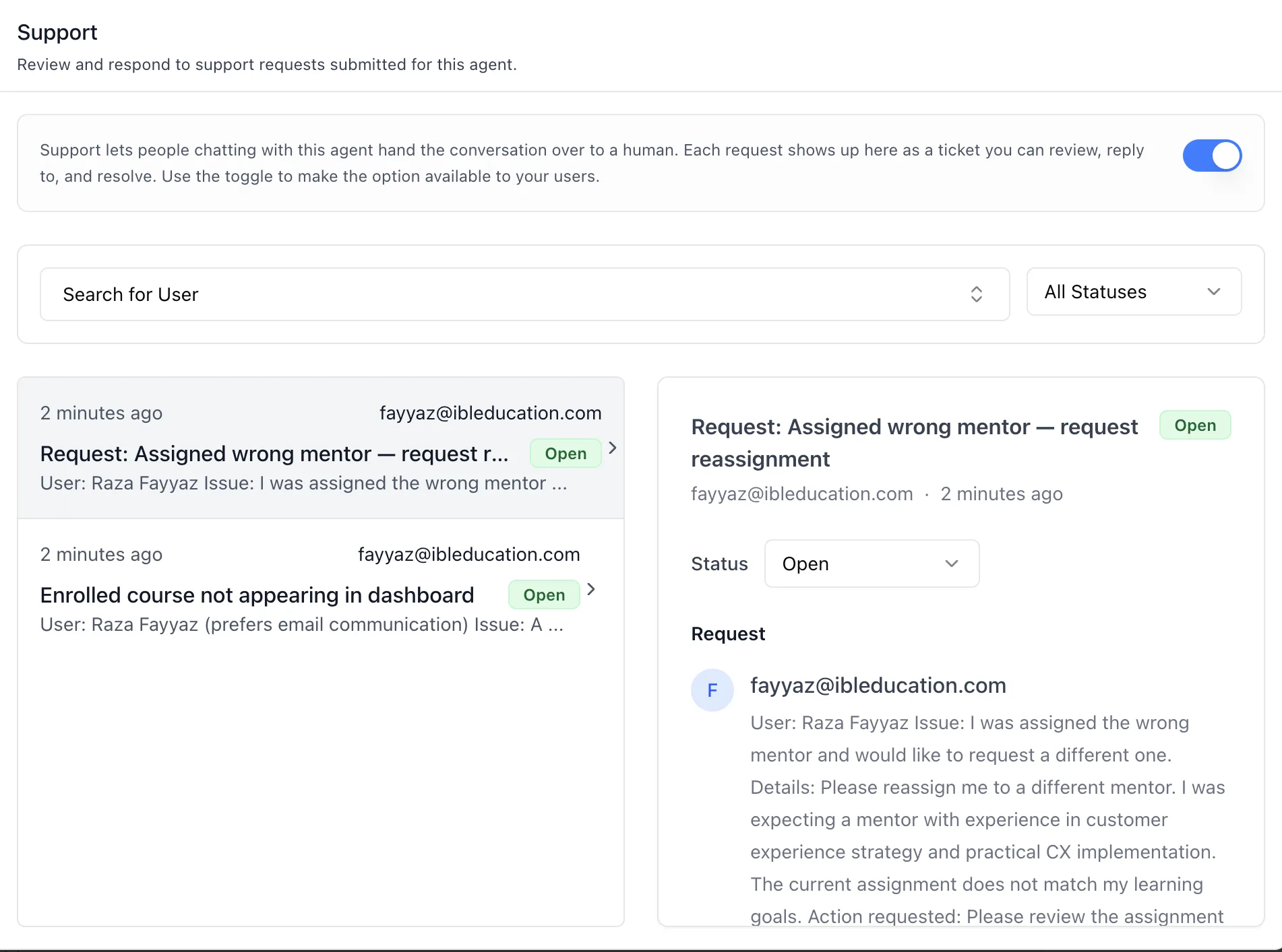 Ticket detail pane showing the ticket subject and status badge, the requester and timestamp, the Status selector, and the Request section with the agent-authored description