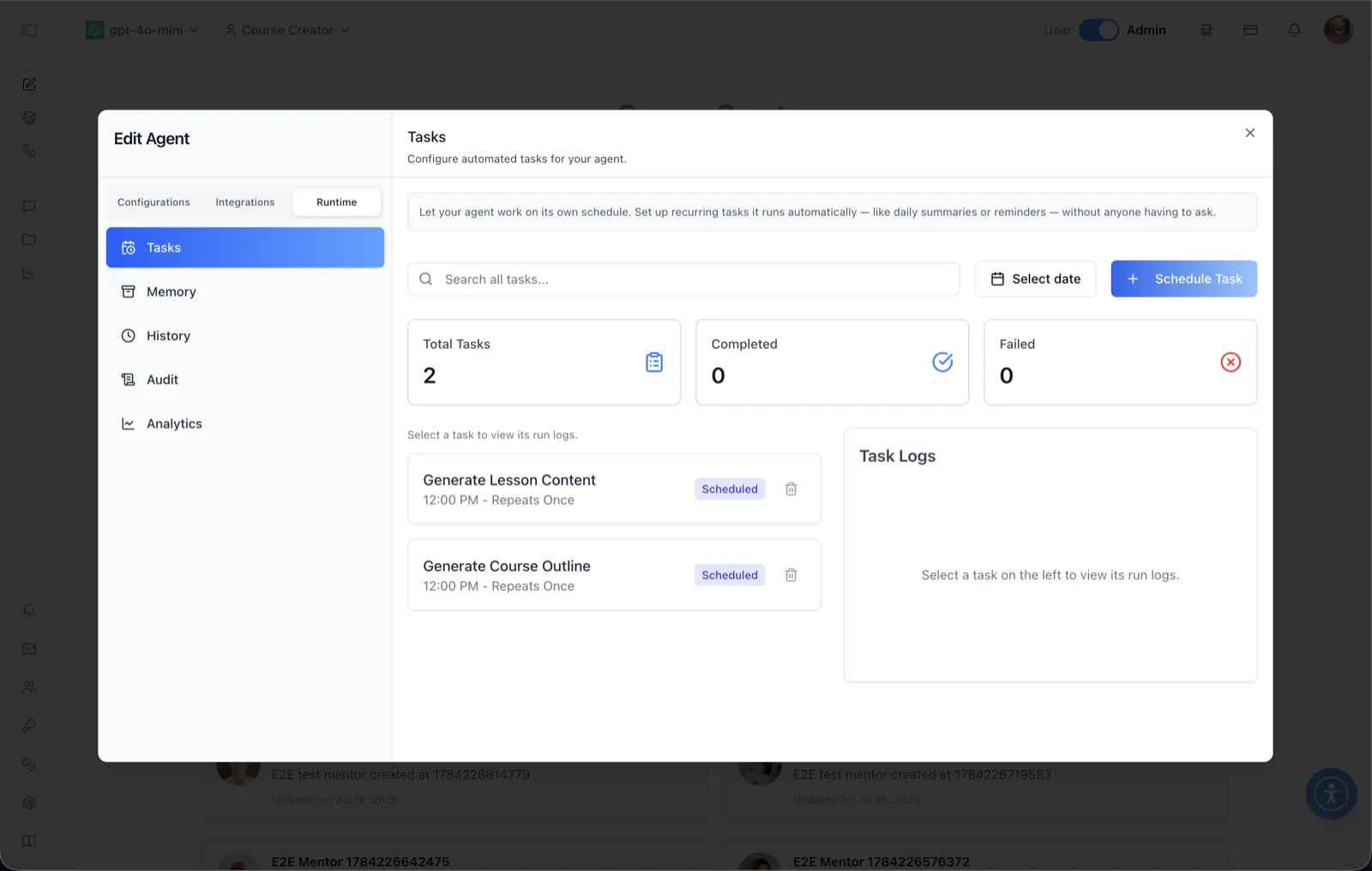 Tasks panel in the Edit Agent modal with a task search box, Select date filter, Schedule Task button, metric cards for Total Tasks, Completed and Failed, a list of scheduled tasks, and a Task Logs pane