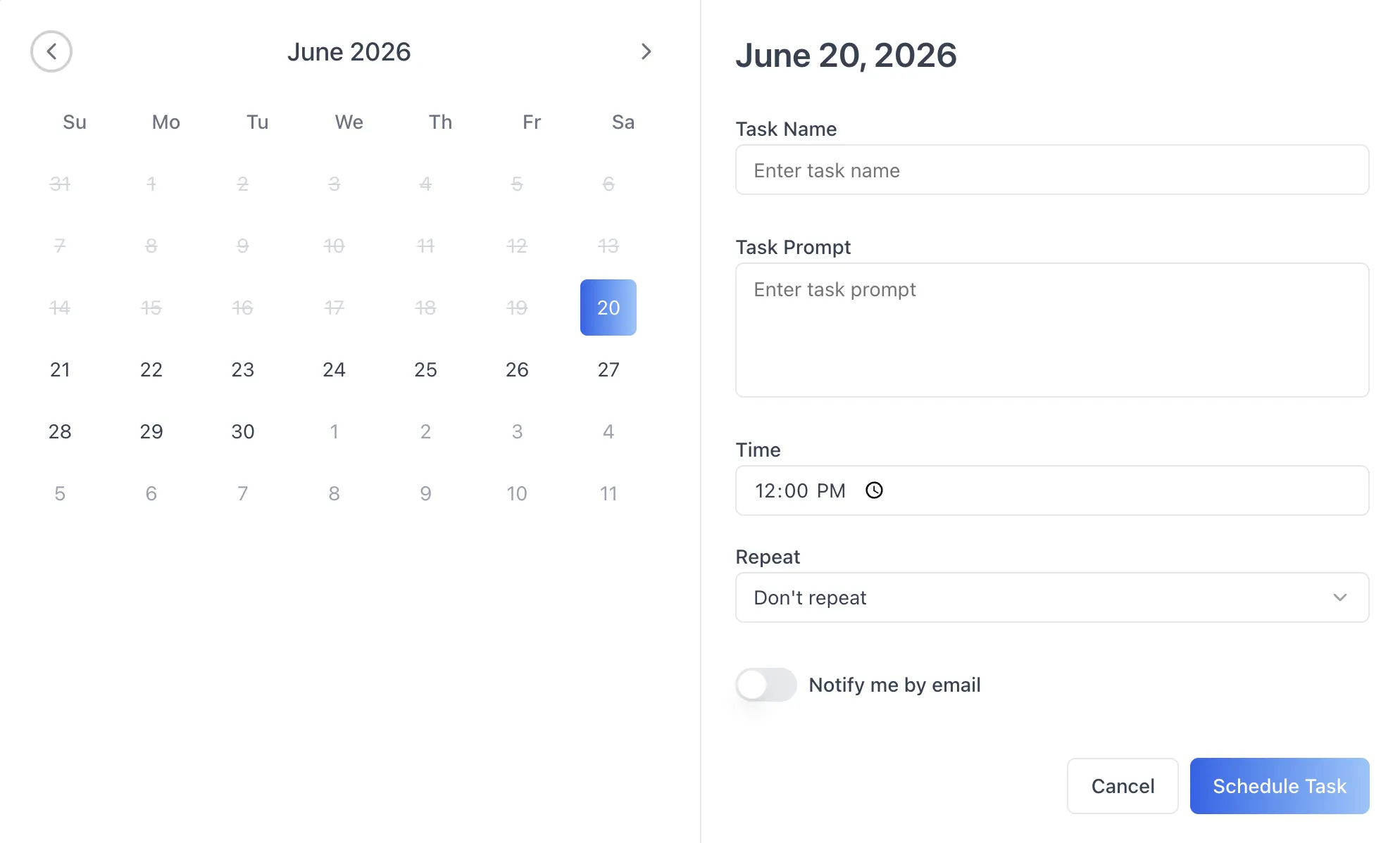 Schedule Task dialog with task name, task prompt, date, time, repeat cadence, and email notification fields