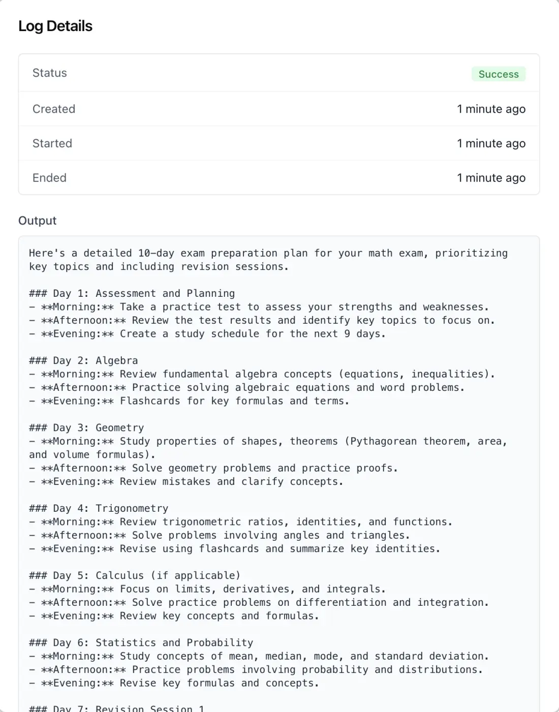 An expanded run log showing the detail of a single task run
