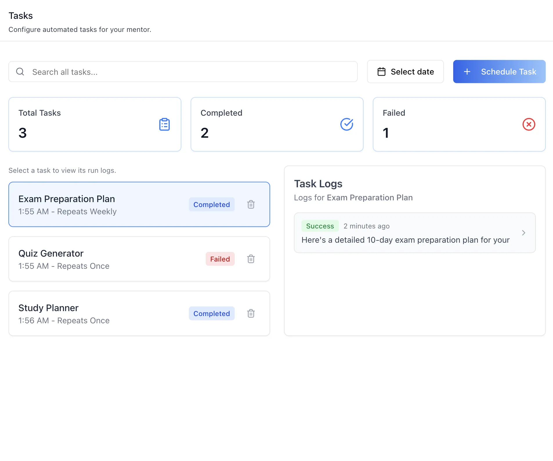 Task Logs pane listing the runs of a selected task with their status and timestamps