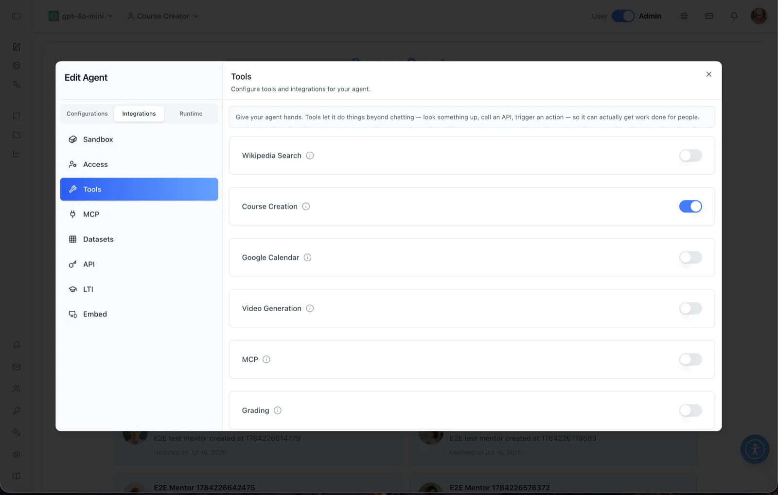 Tools panel listing toggles for Wikipedia Search, Course Creation, Google Calendar, Video Generation, MCP, and Grading, with Course Creation enabled