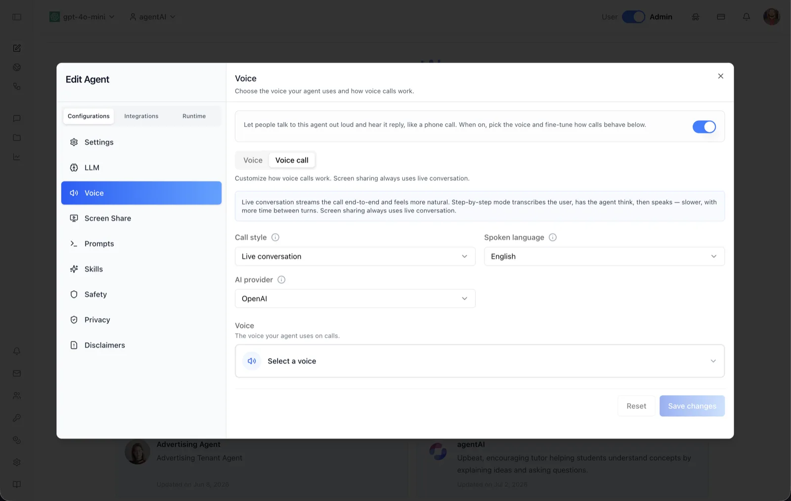 Voice call configuration sub-tab showing Call style set to Live conversation, Spoken language set to English, AI provider set to OpenAI, a call voice picker, and Reset and Save changes buttons