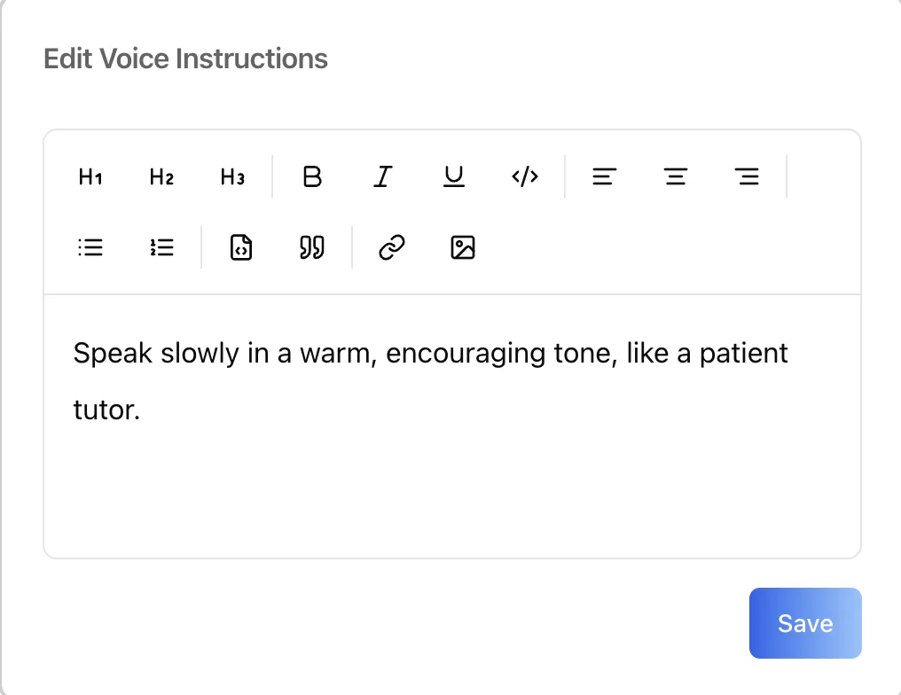 Edit Voice Instructions modal with a rich-text editor for the style prompt