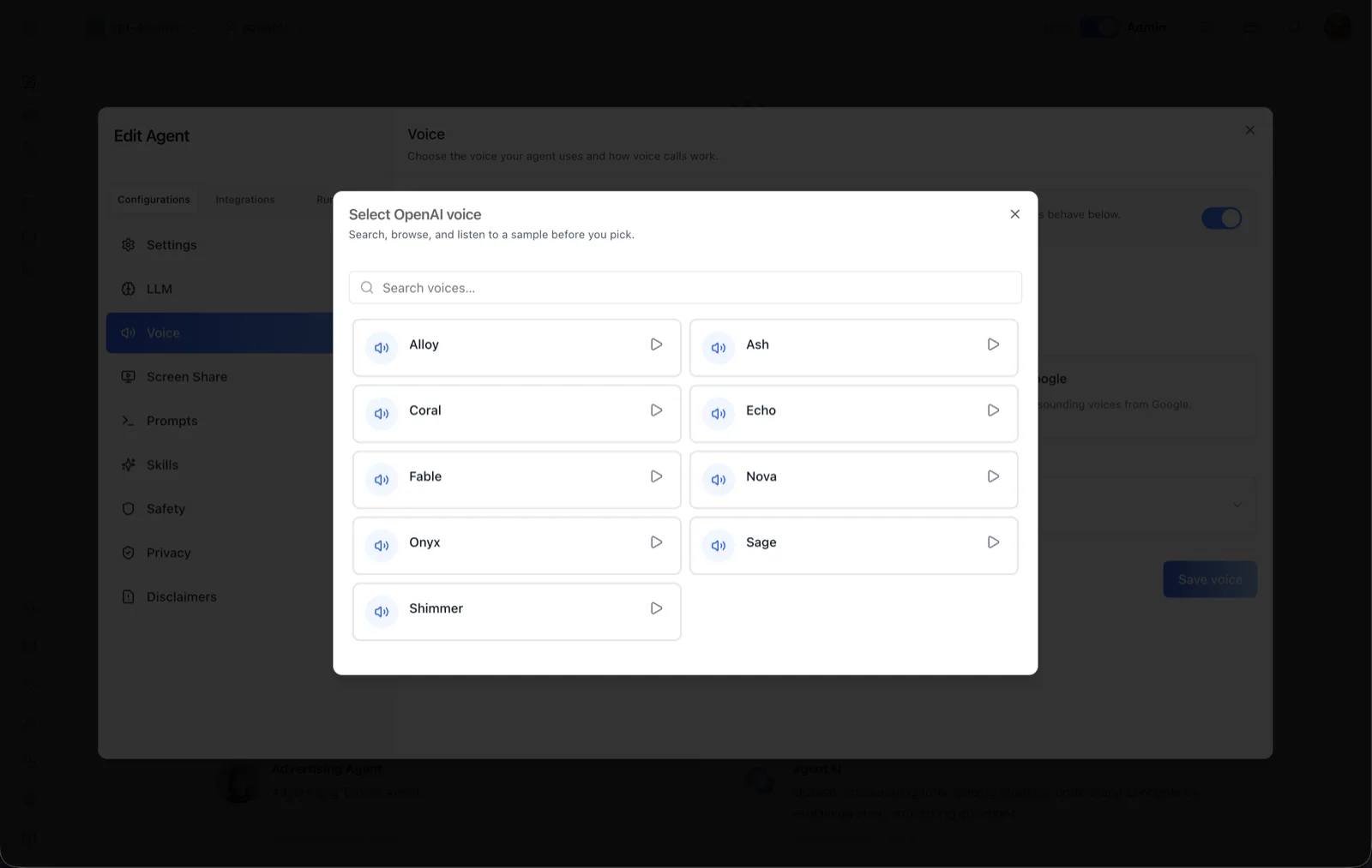 Select OpenAI voice dialog listing nine voices — Alloy, Ash, Coral, Echo, Fable, Nova, Onyx, Sage, and Shimmer — each with a play button, above a voice search field