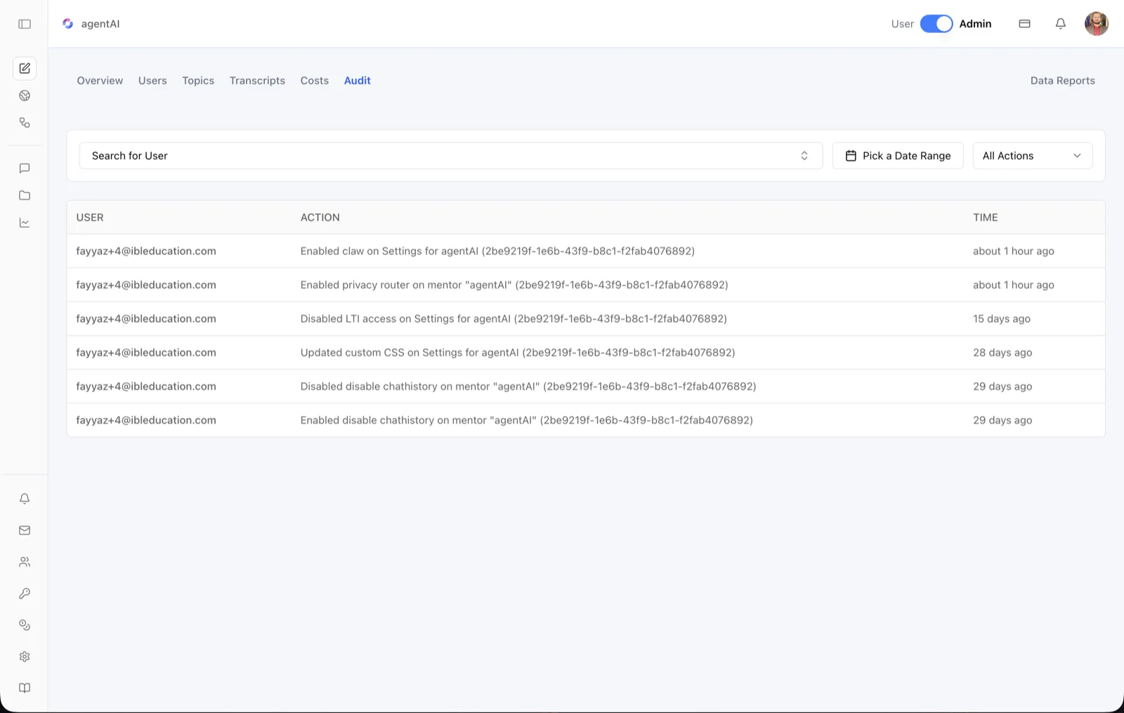 Analytics Audit tab showing a Search for User field, a Pick a Date Range button, and an All Actions dropdown above a table with USER, ACTION, and TIME columns listing configuration changes such as Enabled claw on Settings for agentAI and Disabled LTI access on Settings for agentAI with relative timestamps
