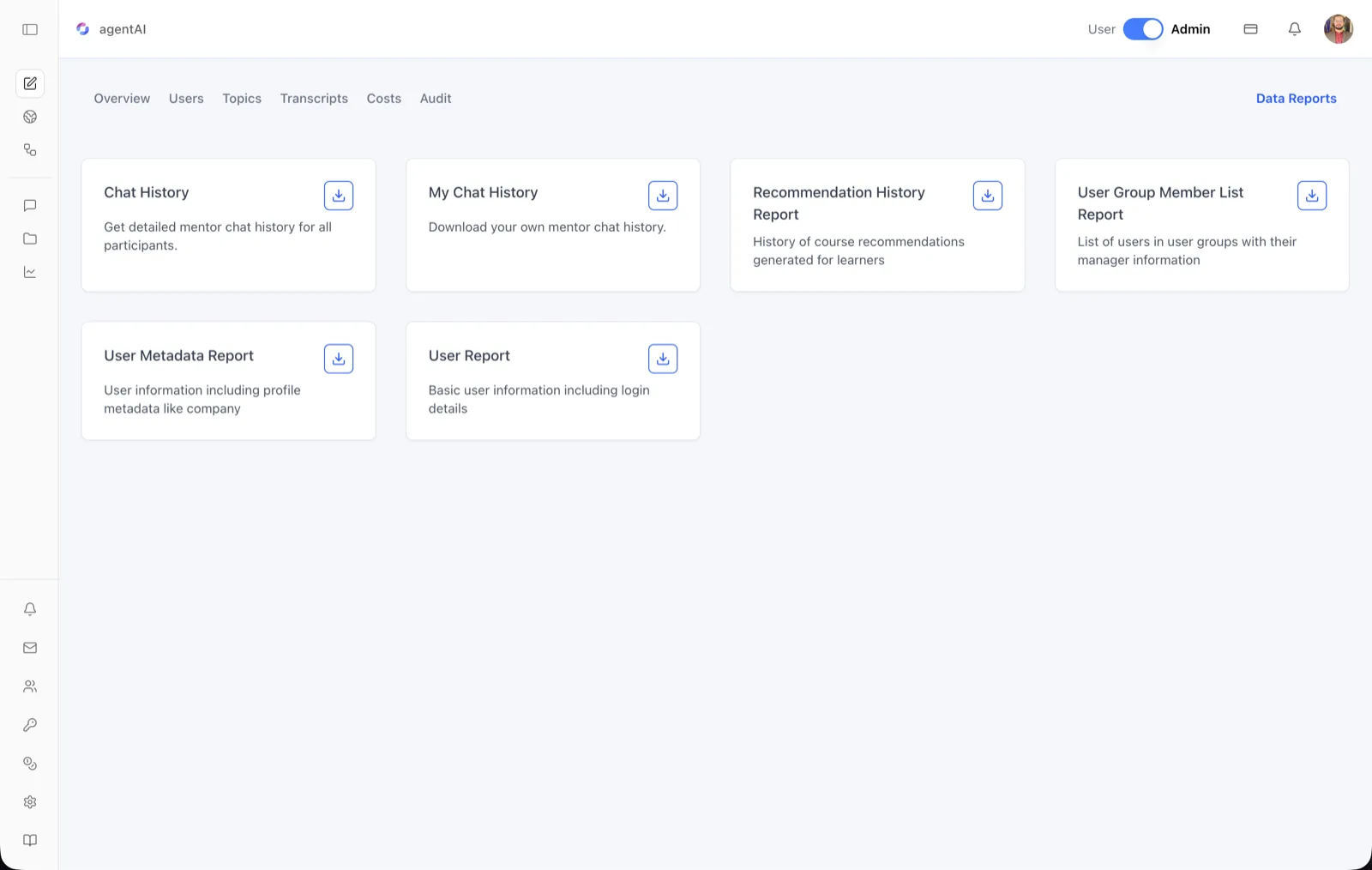 Data Reports screen showing downloadable report cards โ Chat History, My Chat History, Recommendation History Report, User Group Member List Report, User Metadata Report, and User Report โ each with a description and a download button