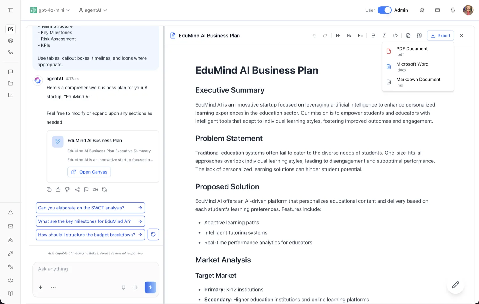 The Canvas Export menu open, offering PDF Document (.pdf), Microsoft Word (.docx), and Markdown Document (.md)
