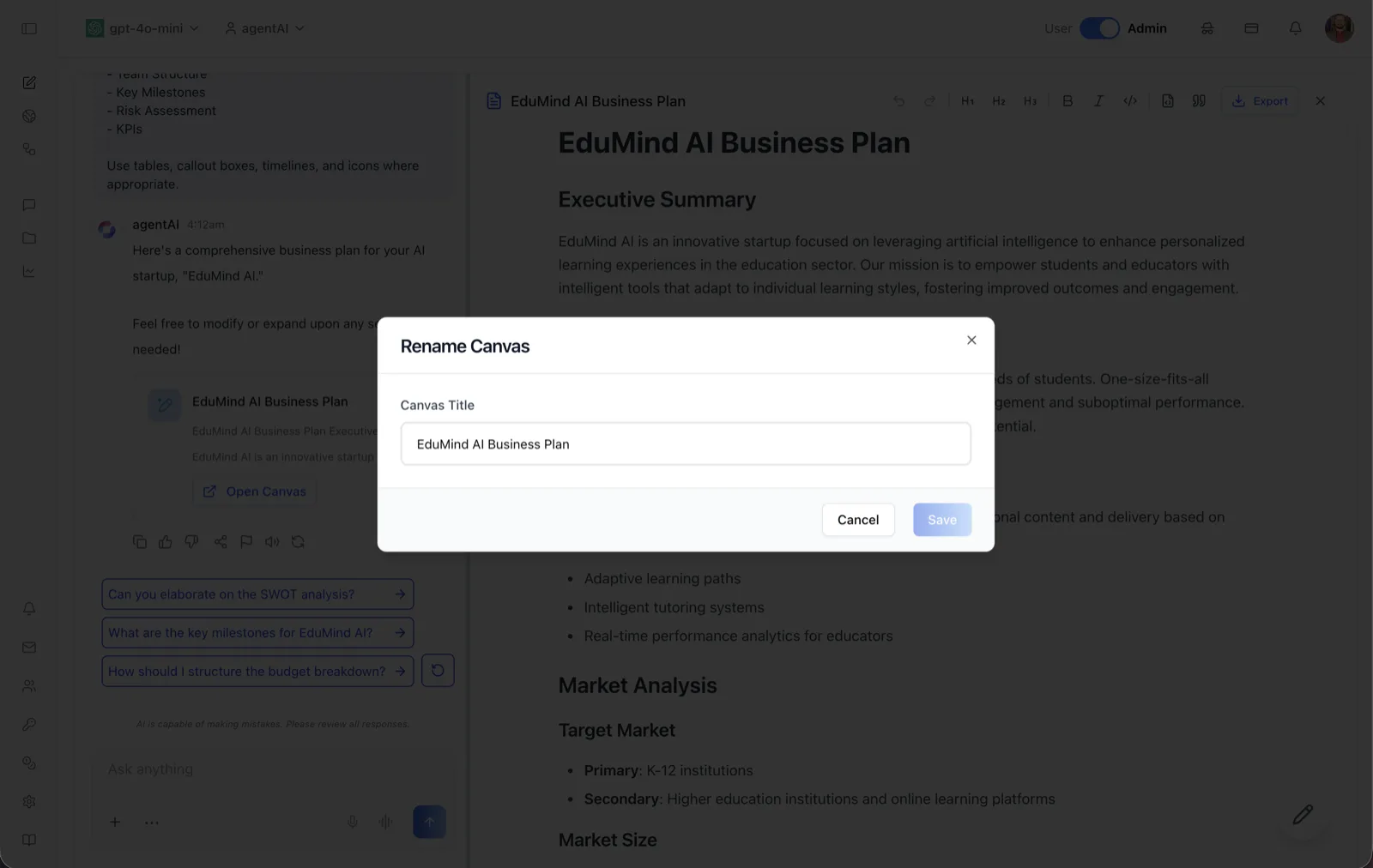 The Rename Canvas dialog with a Canvas Title field, and Cancel and Save buttons