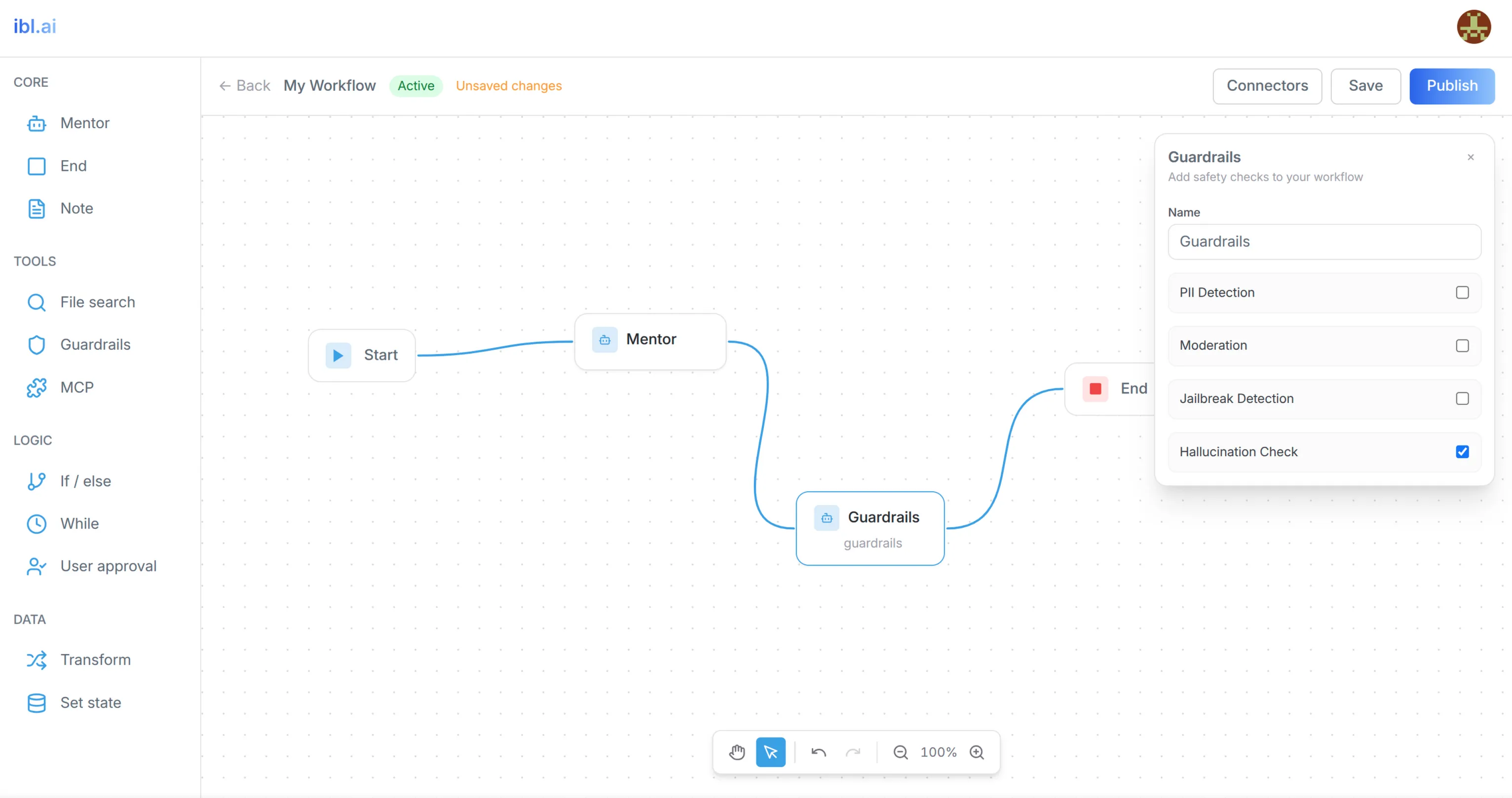 Workflow editor showing the node-type sidebar grouped into Core, Tools, Logic, and Data, a canvas with Start, Agent, Guardrails, and End nodes connected by curved edges, a Guardrails configuration panel with safety-check checkboxes, and Connectors, Save, and Publish actions