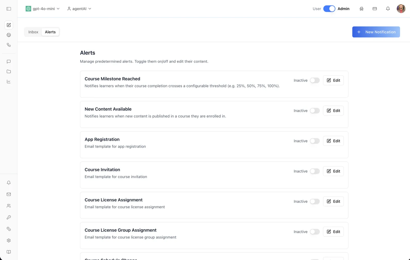 The Alerts tab of the notifications page listing predefined alert templates, each with an Inactive toggle and an Edit button