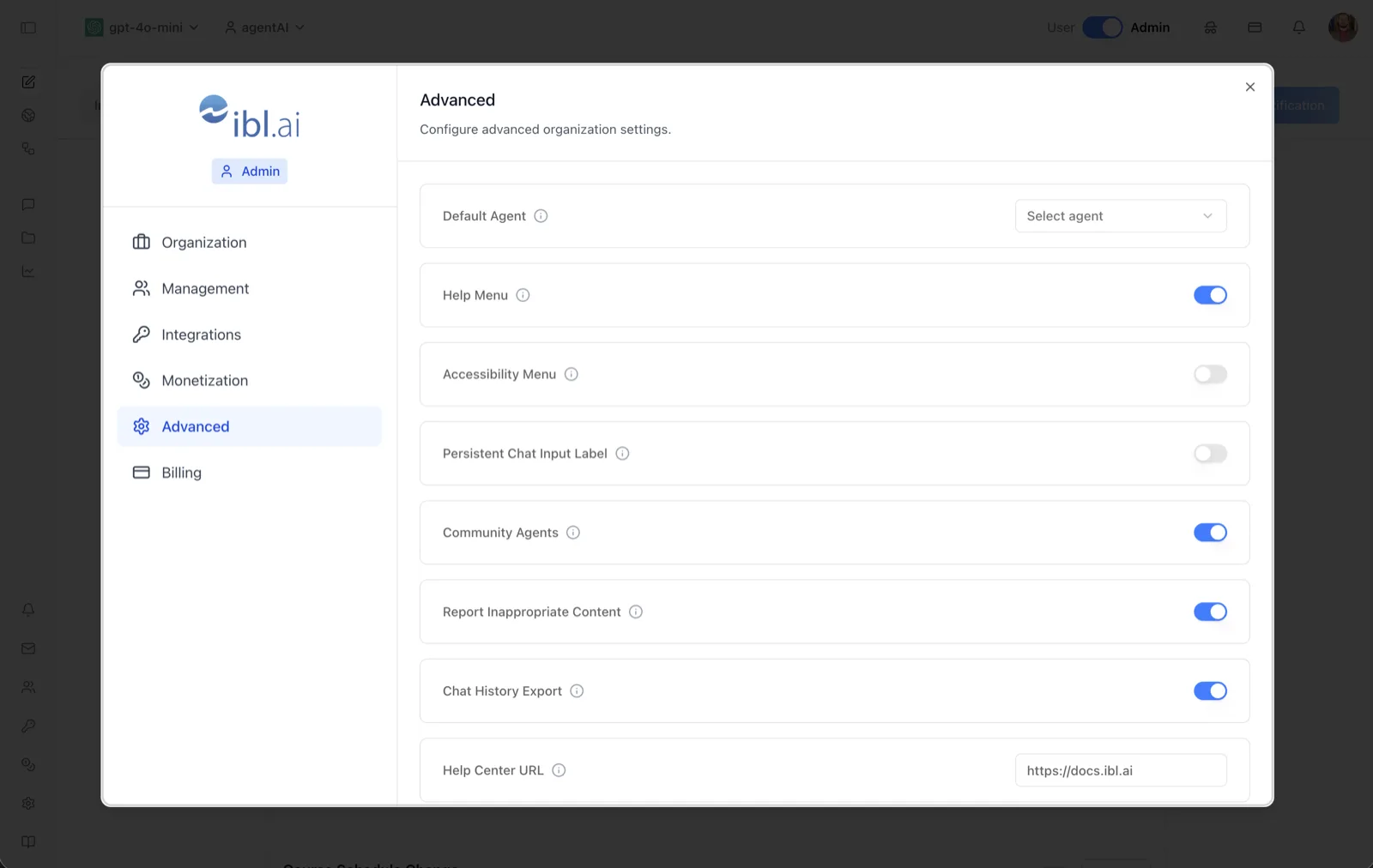 Advanced settings page with the Default Agent selector and toggles for Help Menu, Accessibility Menu, Persistent Chat Input Label, Community Agents, Report Inappropriate Content, Chat History Export, and the Help Center URL field