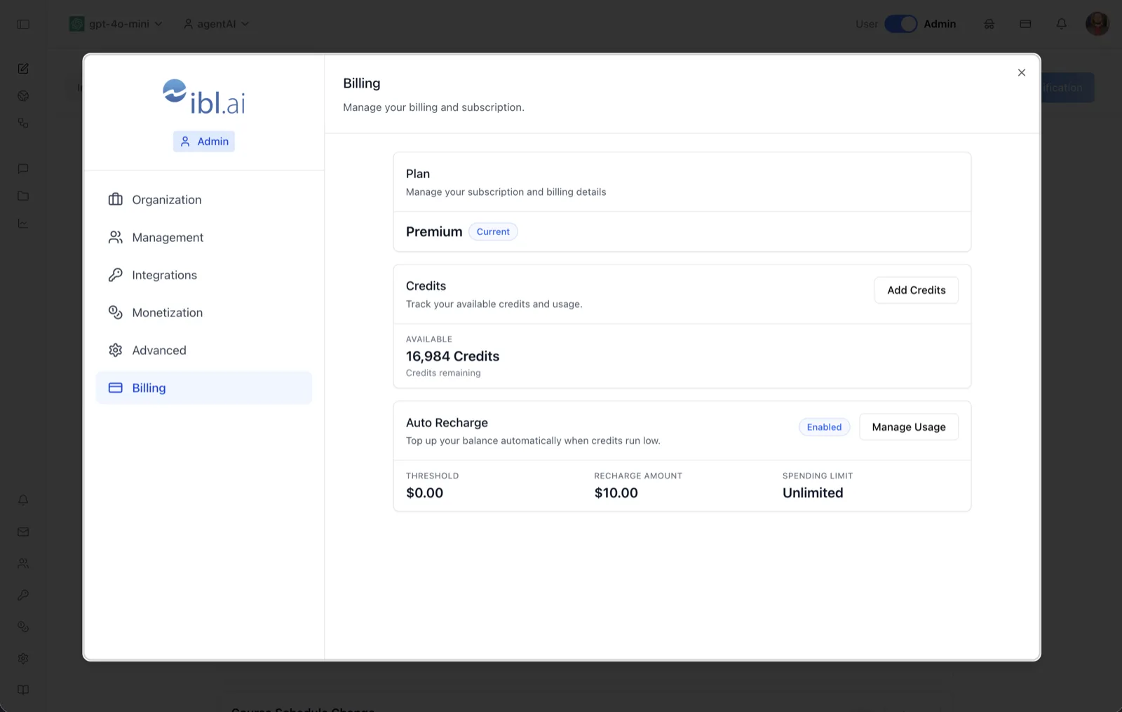 Billing page showing the Premium plan, available credits with an Add Credits button, and Auto Recharge settings with threshold, recharge amount, and spending limit
