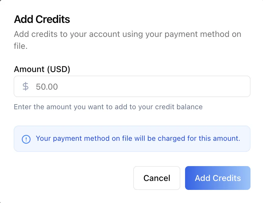 Add Credits dialog with an Amount in USD field and a note that the payment method on file will be charged