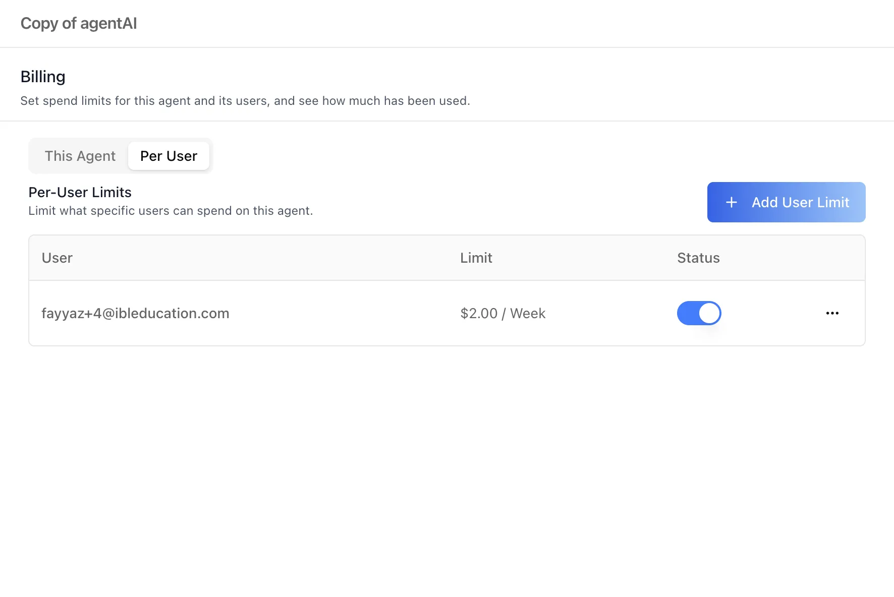 Manage popup on the Per User sub-tab, listing the per-user spend limits configured for that agent