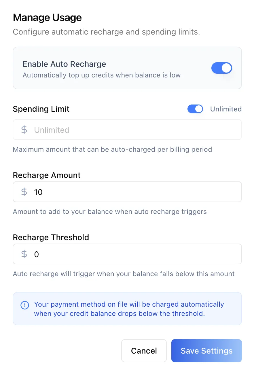 Manage Usage dialog showing the auto-recharge toggle with spending limit, recharge amount, and threshold fields