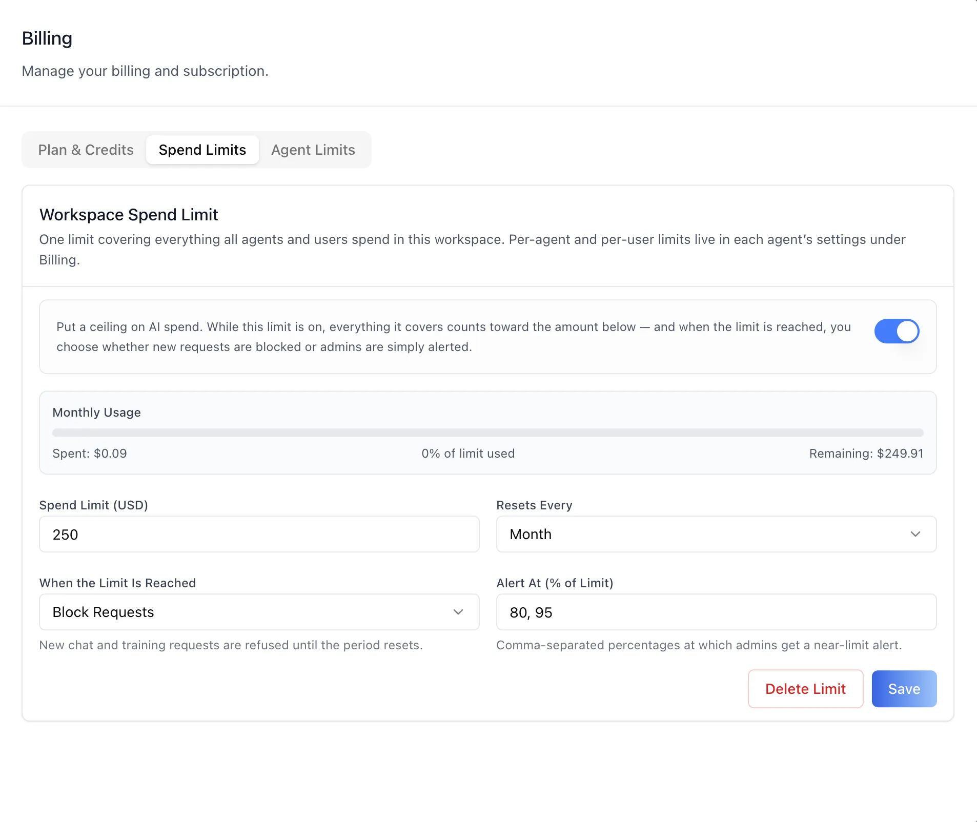Spend Limits tab showing the workspace-wide spend cap with its enable toggle, usage strip, spend limit, reset interval, enforcement mode, and alert thresholds