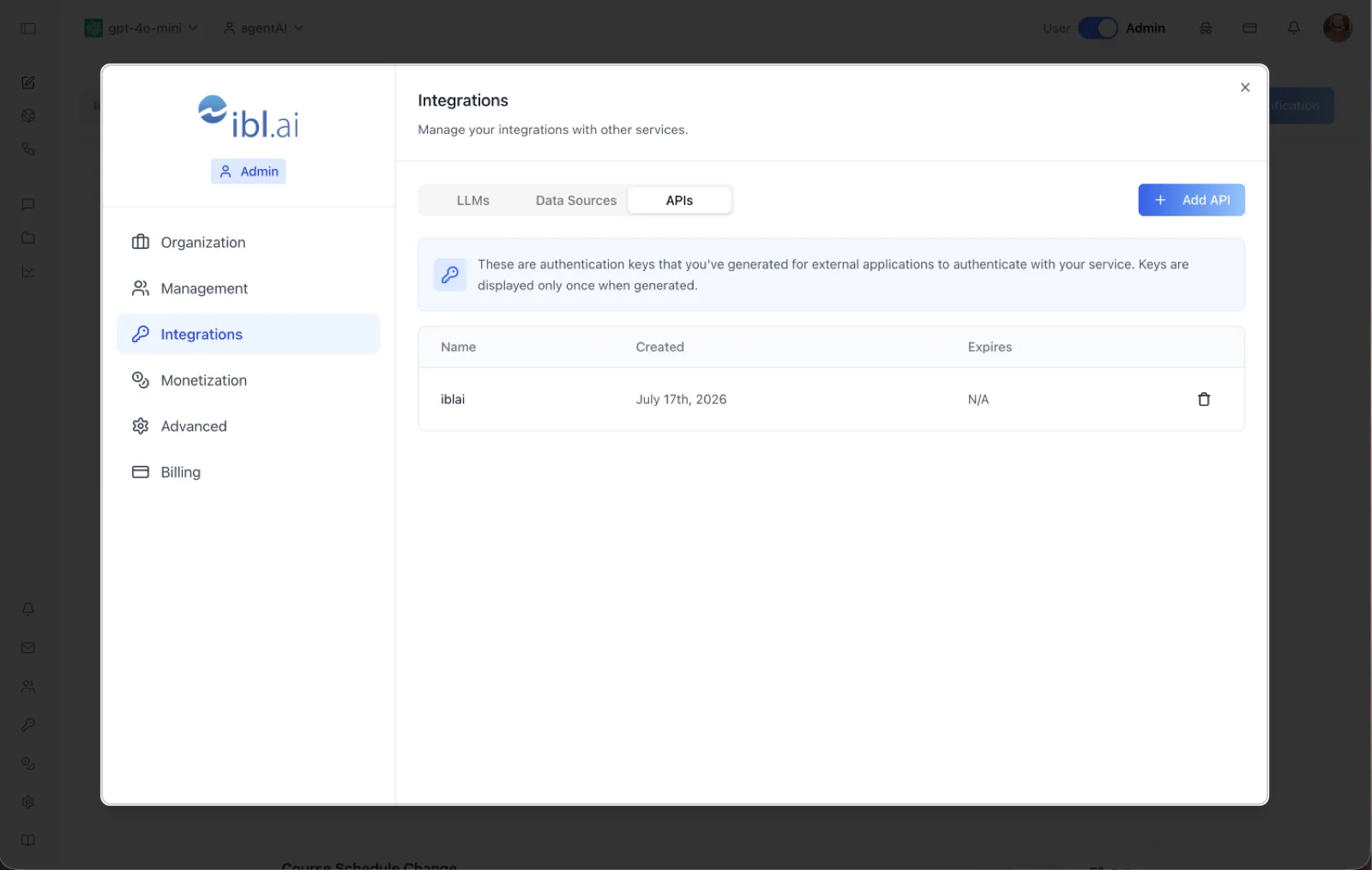 Integrations APIs tab showing a generated API key with Name, Created, and Expires columns and an Add API button