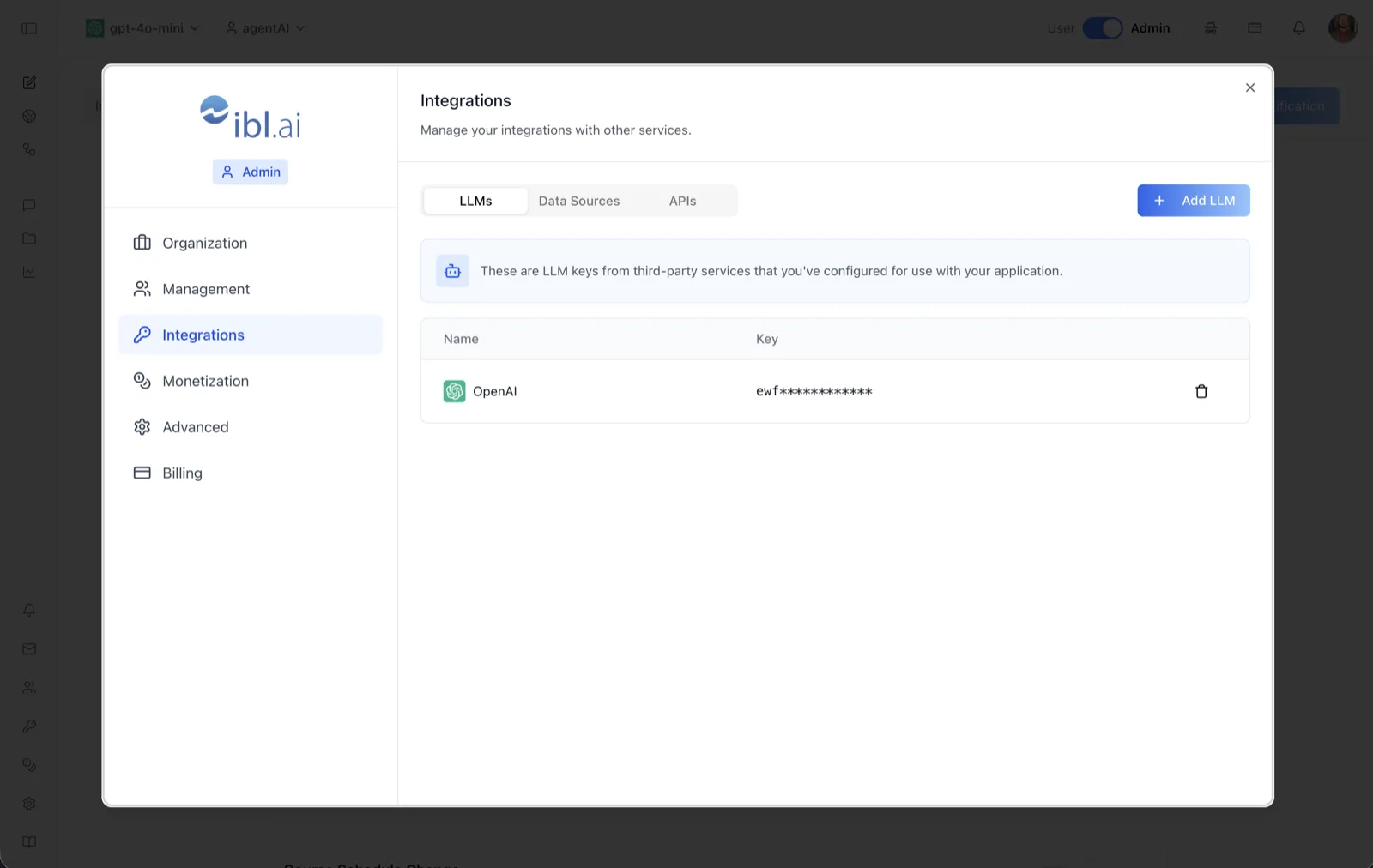 Integrations LLMs tab showing an OpenAI credential with a masked key and an Add LLM button