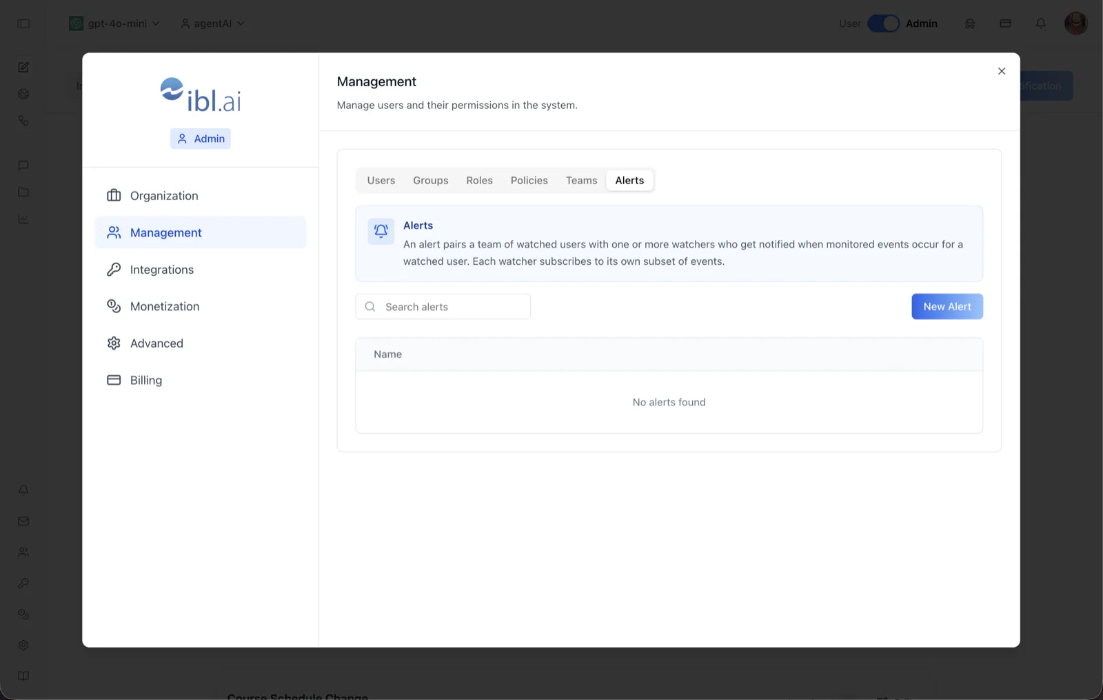 Management Alerts tab with a search box, New Alert button, and an empty alerts table showing No alerts found