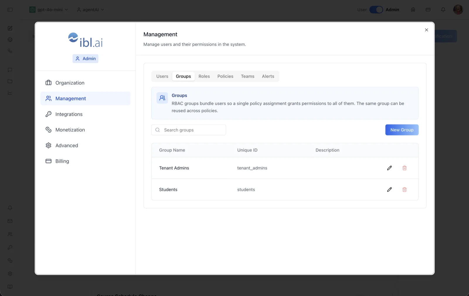 Management Groups tab listing RBAC groups with Group Name, Unique ID, and Description columns and a New Group button