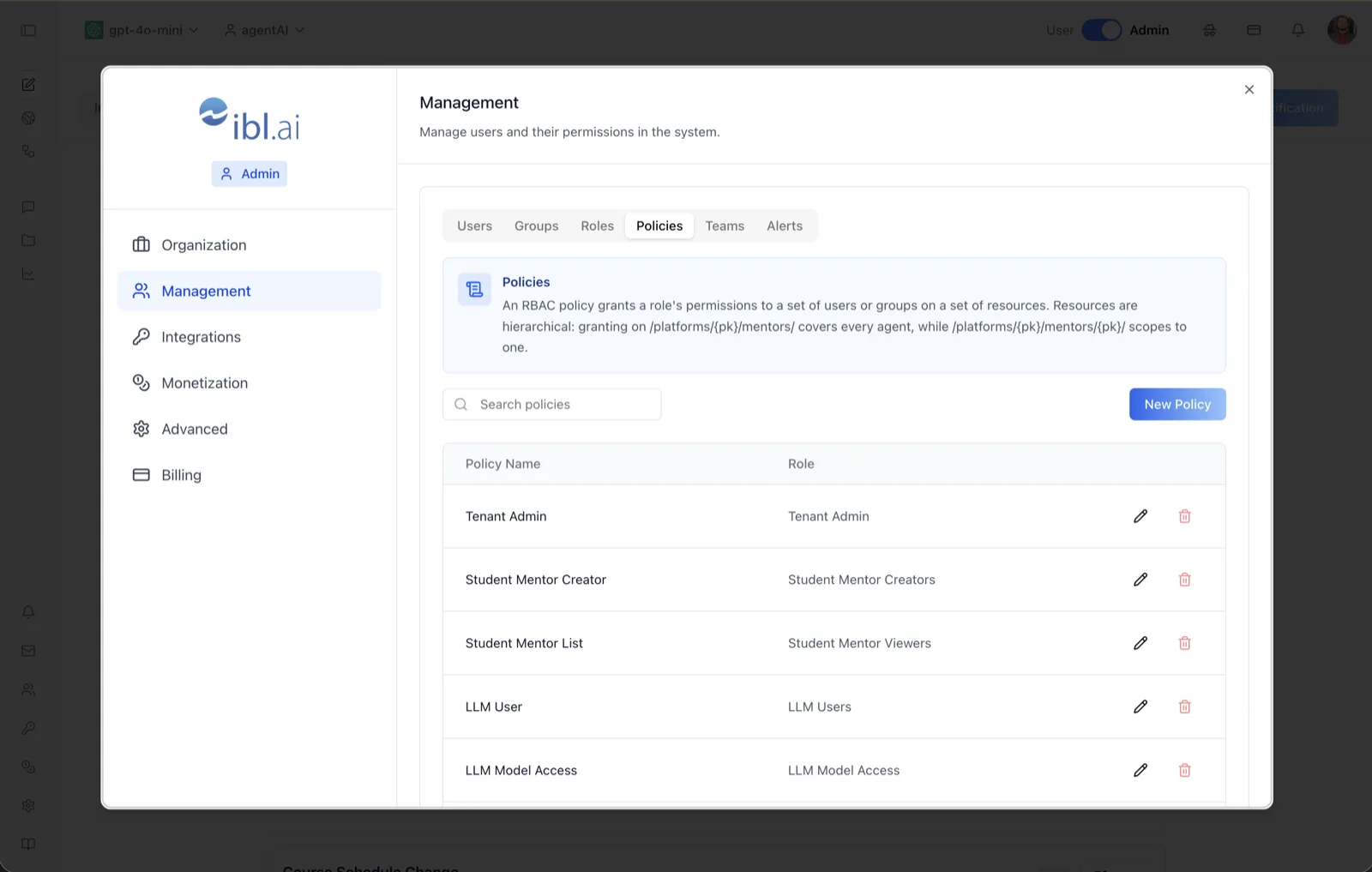 Management Policies tab listing RBAC policies with Policy Name and Role columns and a New Policy button