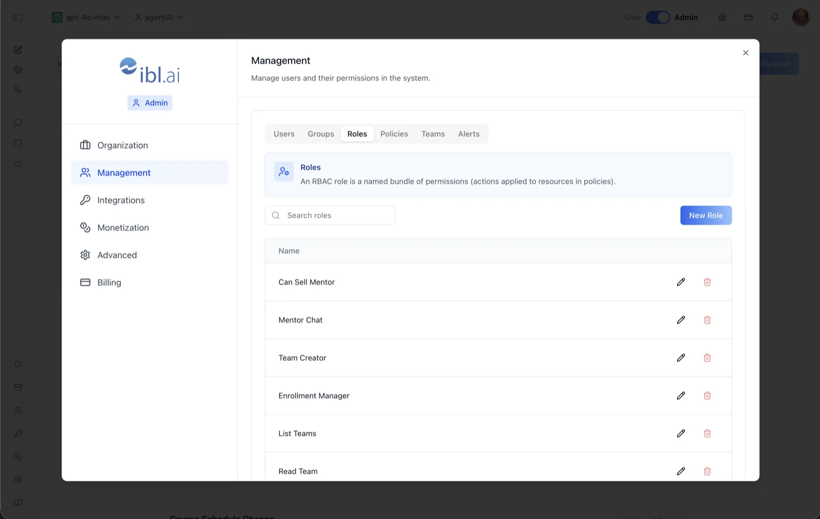 Management Roles tab listing RBAC roles such as Can Sell Mentor, Mentor Chat, Team Creator, Enrollment Manager, List Teams, and Read Team