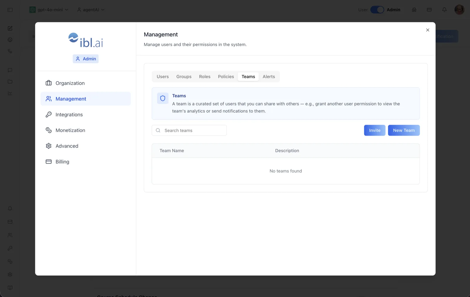 Management Teams tab with a Team Name and Description table, search box, and Invite and New Team buttons