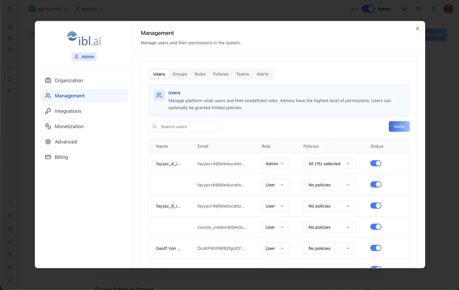 Management Users tab showing a searchable user table with Name, Email, Role, Policies, and Status columns and an Invite button