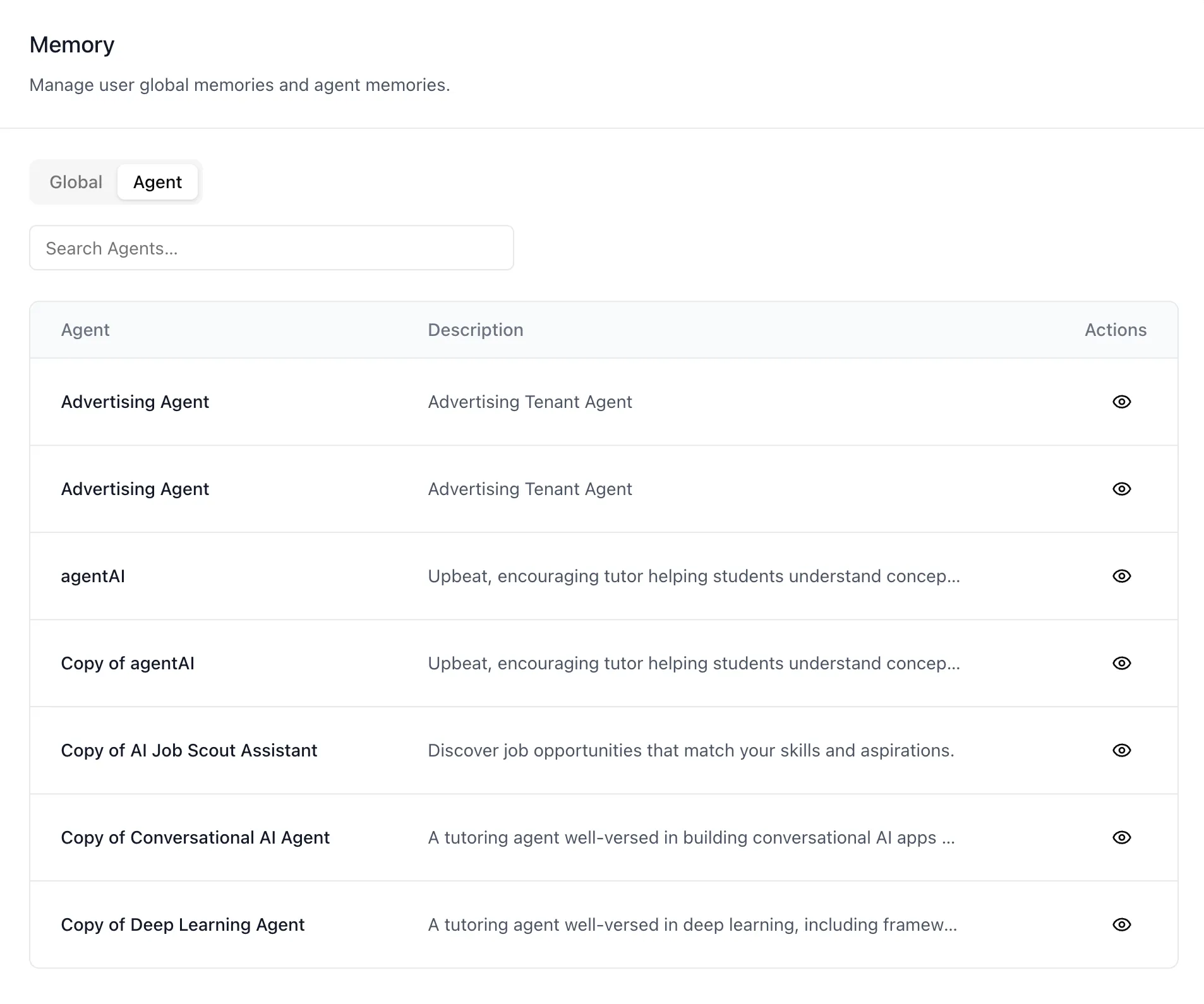 Memory settings on the Agent tab, showing the agent filter and a table of agents with Agent and Description columns and a per-row view action