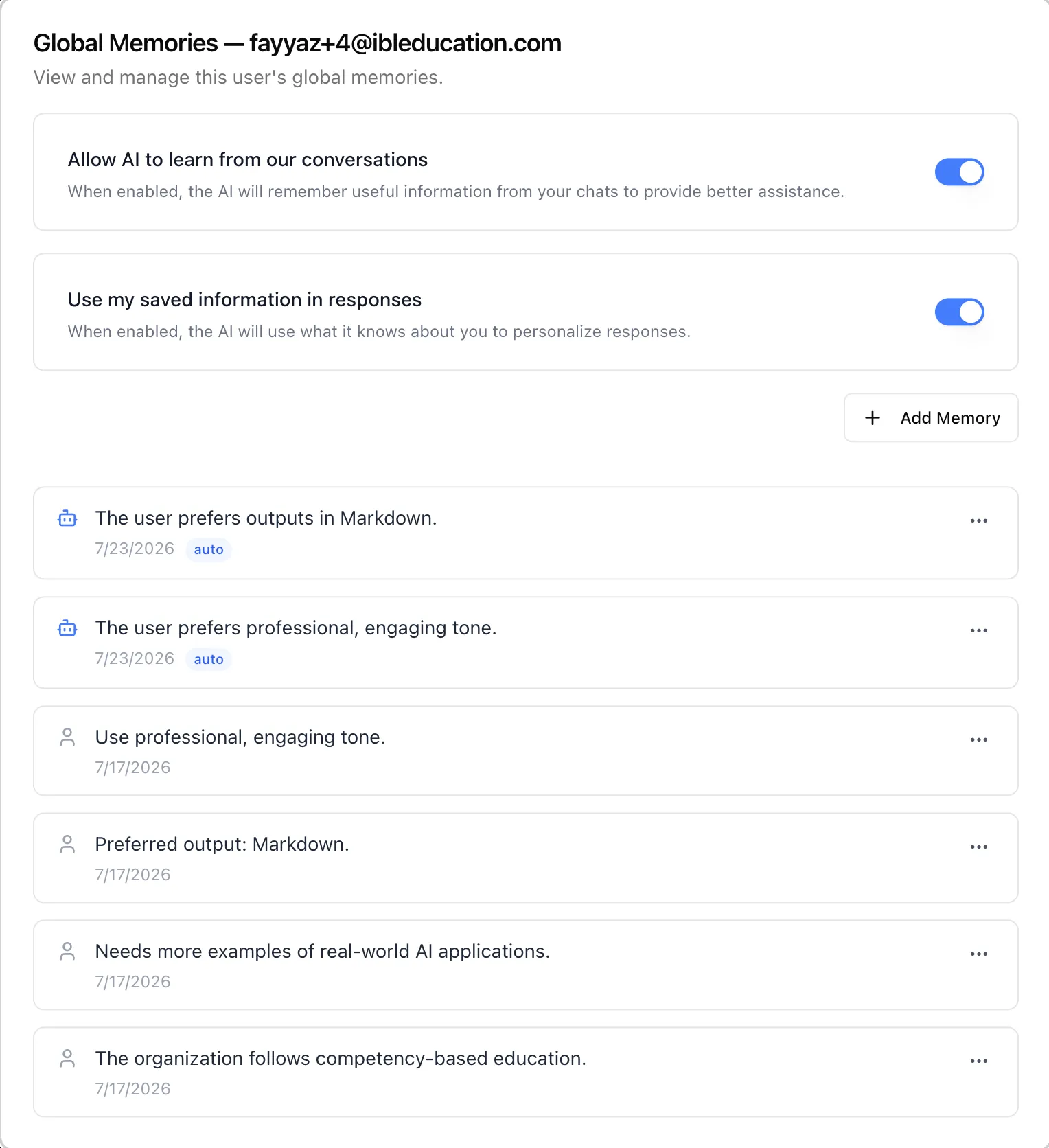 Global Memories popup for one user, showing the memory-capture and personalization toggles above the user's list of saved memories