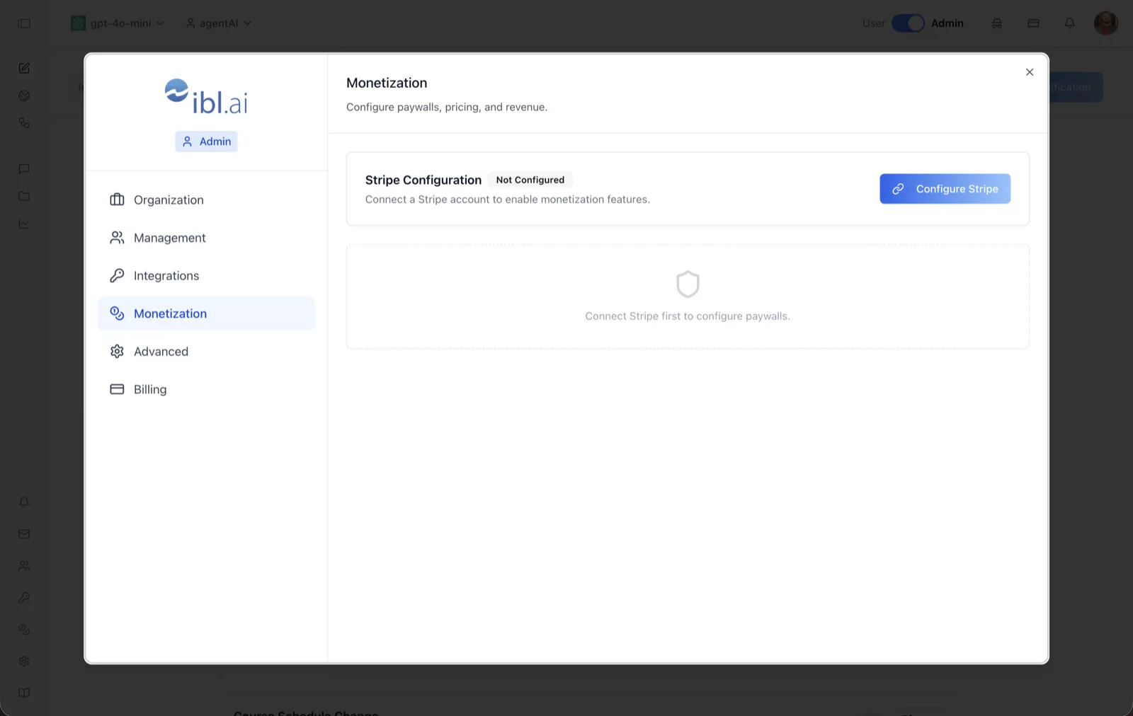 Monetization page showing the Stripe Configuration card in the Not Configured state with a Configure Stripe button and a paywall area reading Connect Stripe first to configure paywalls