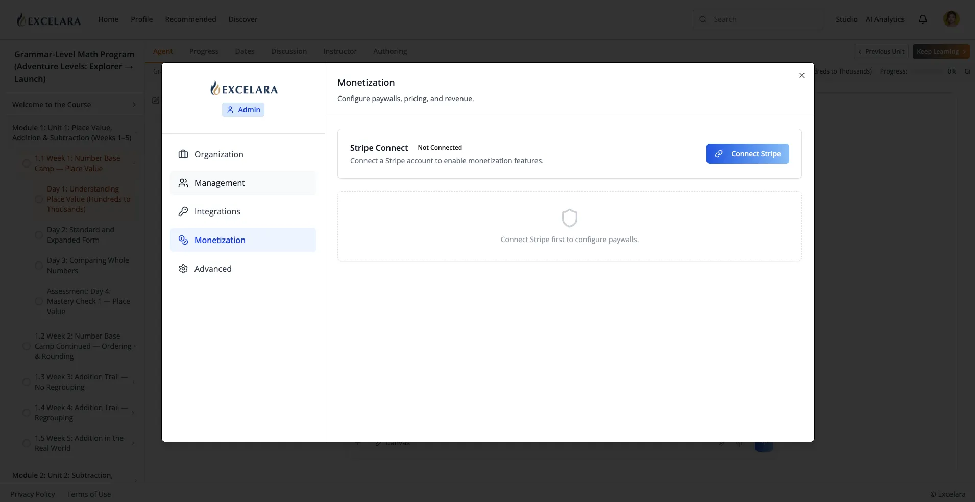 Monetization tab before Stripe onboarding, showing the Not Configured status and the Configure Stripe action above a disabled paywall area