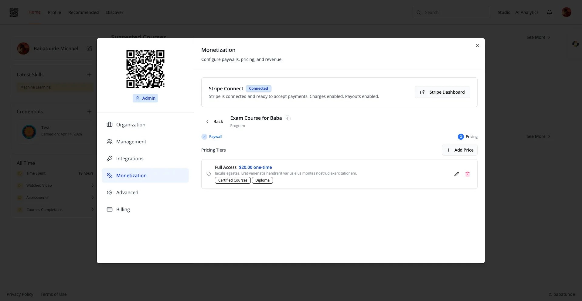 List of configured paywall items with their pricing and status