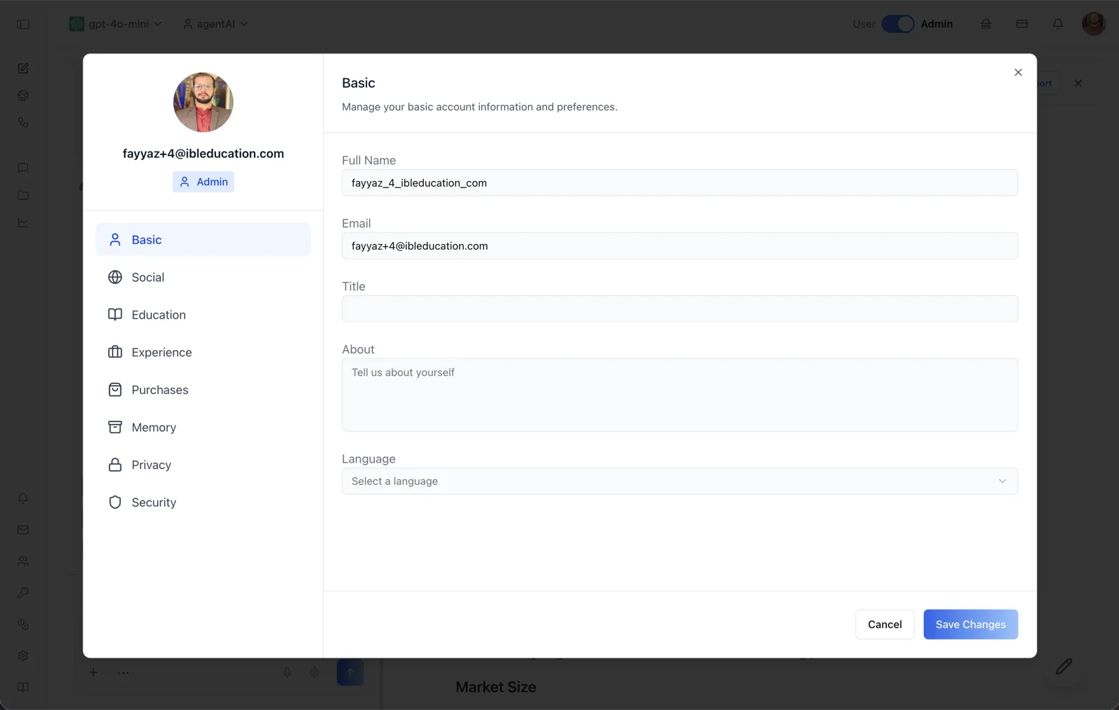 The Basic tab of the User Profile dialog, showing Full Name, Email, Title, About, and Language fields