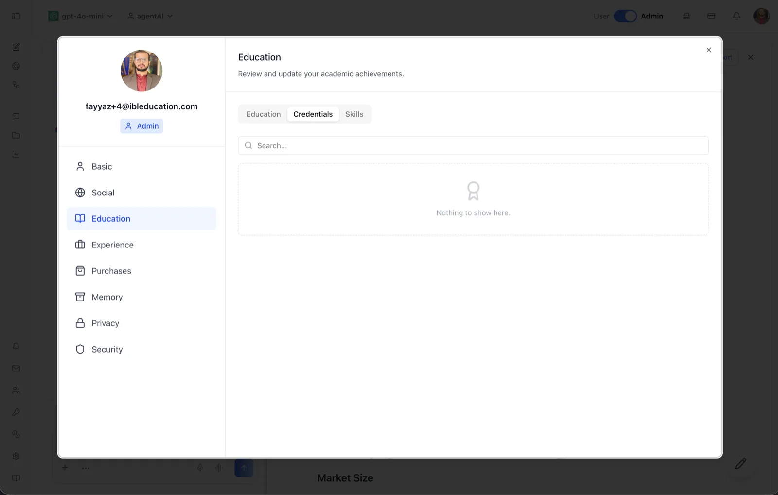 The Credentials sub-tab of the Education section, showing the search field and an empty state reading